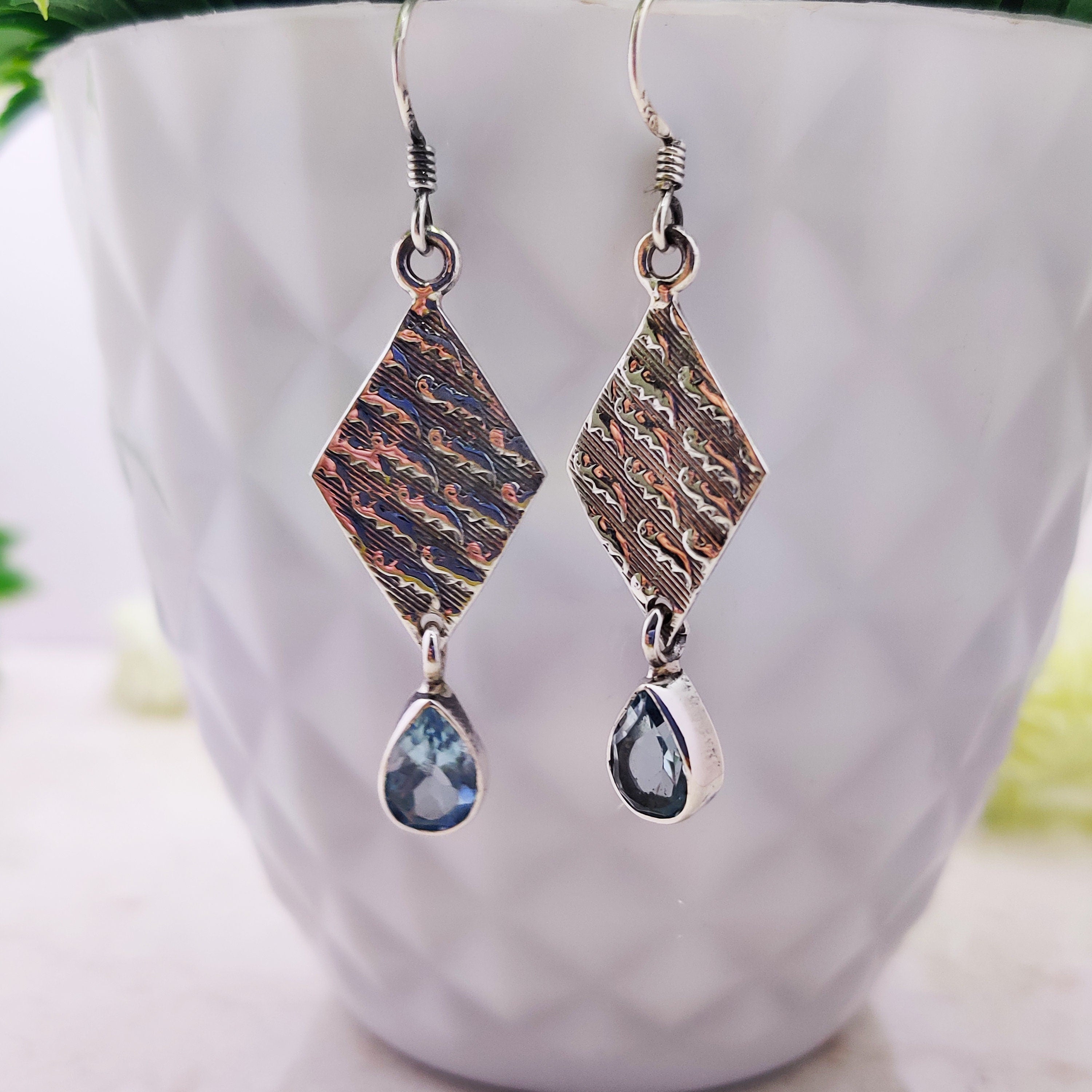 Sterling Silver Natural Blue Topaz Pear Drop Wire  Boho  Earrings