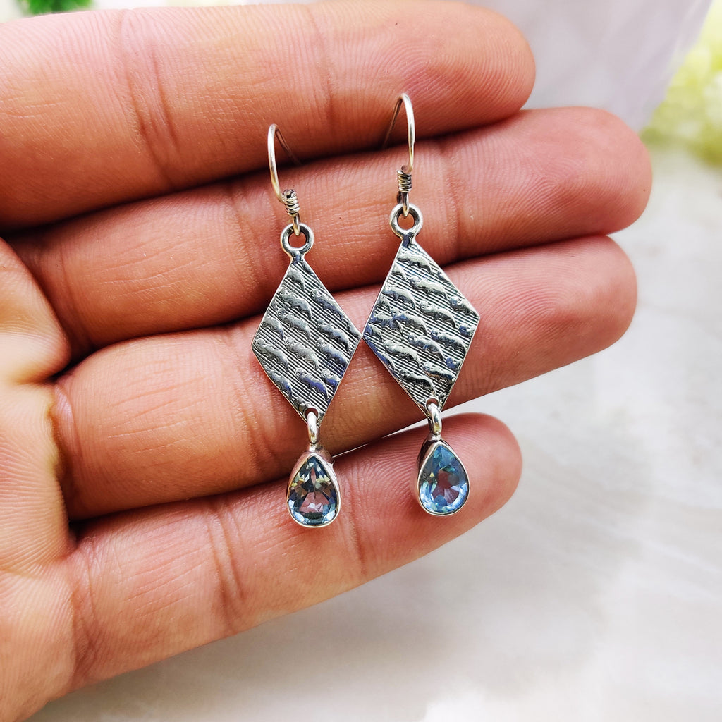 Sterling Silver Natural Blue Topaz Pear Drop Wire  Boho  Earrings
