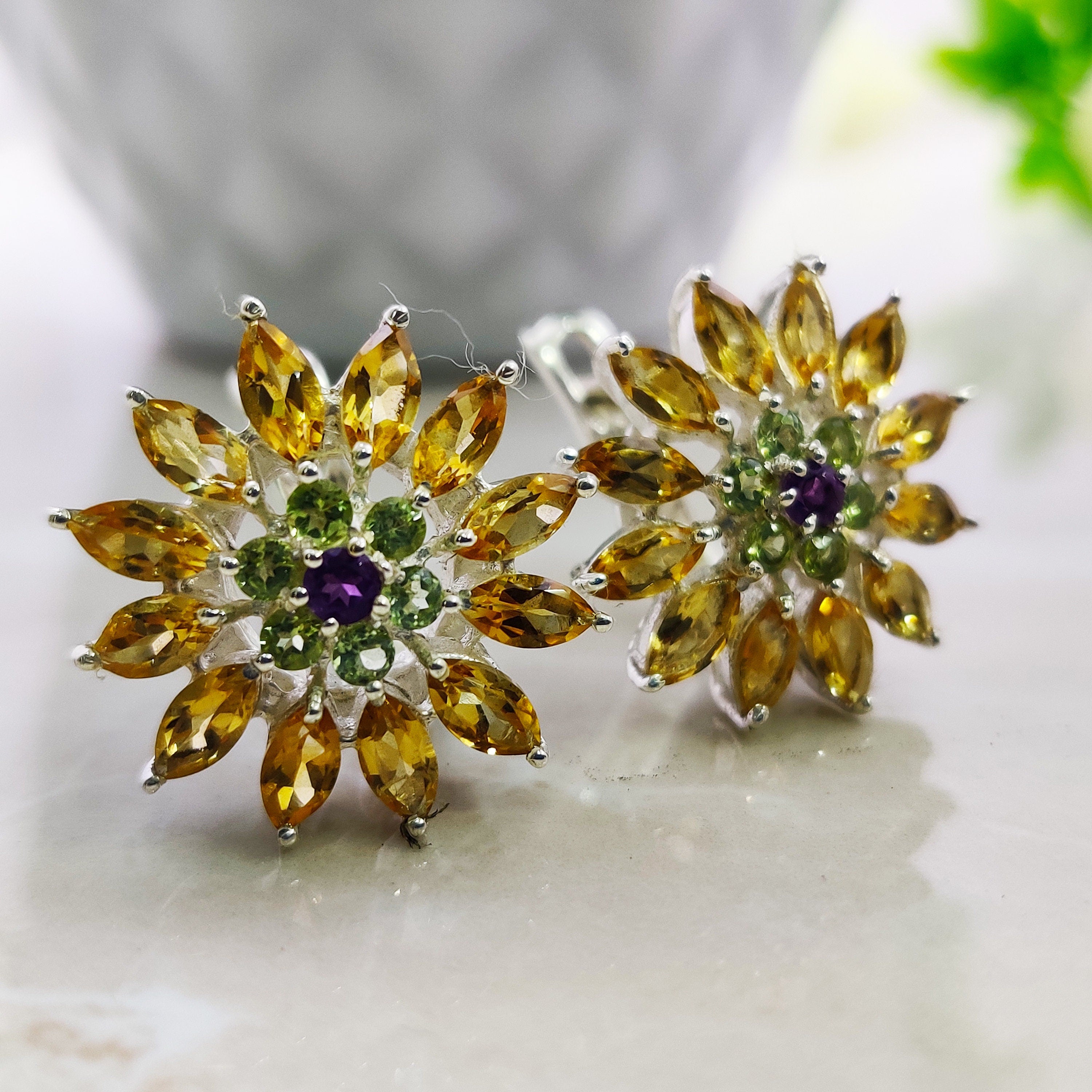 Sterling Silver Natural Citrine Peridot Amethyst Trio Marquise  Boho  Earrings