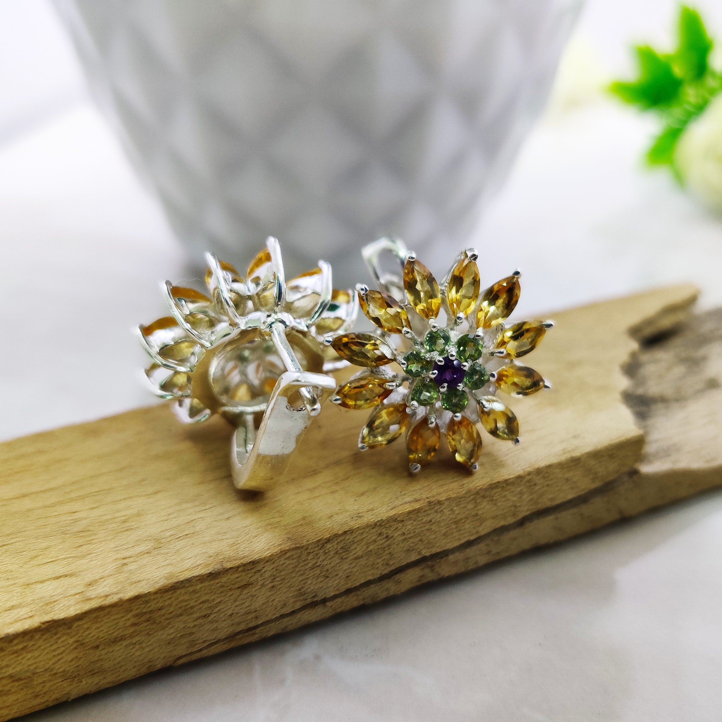 Sterling Silver Natural Citrine Peridot Amethyst Trio Marquise  Boho  Earrings