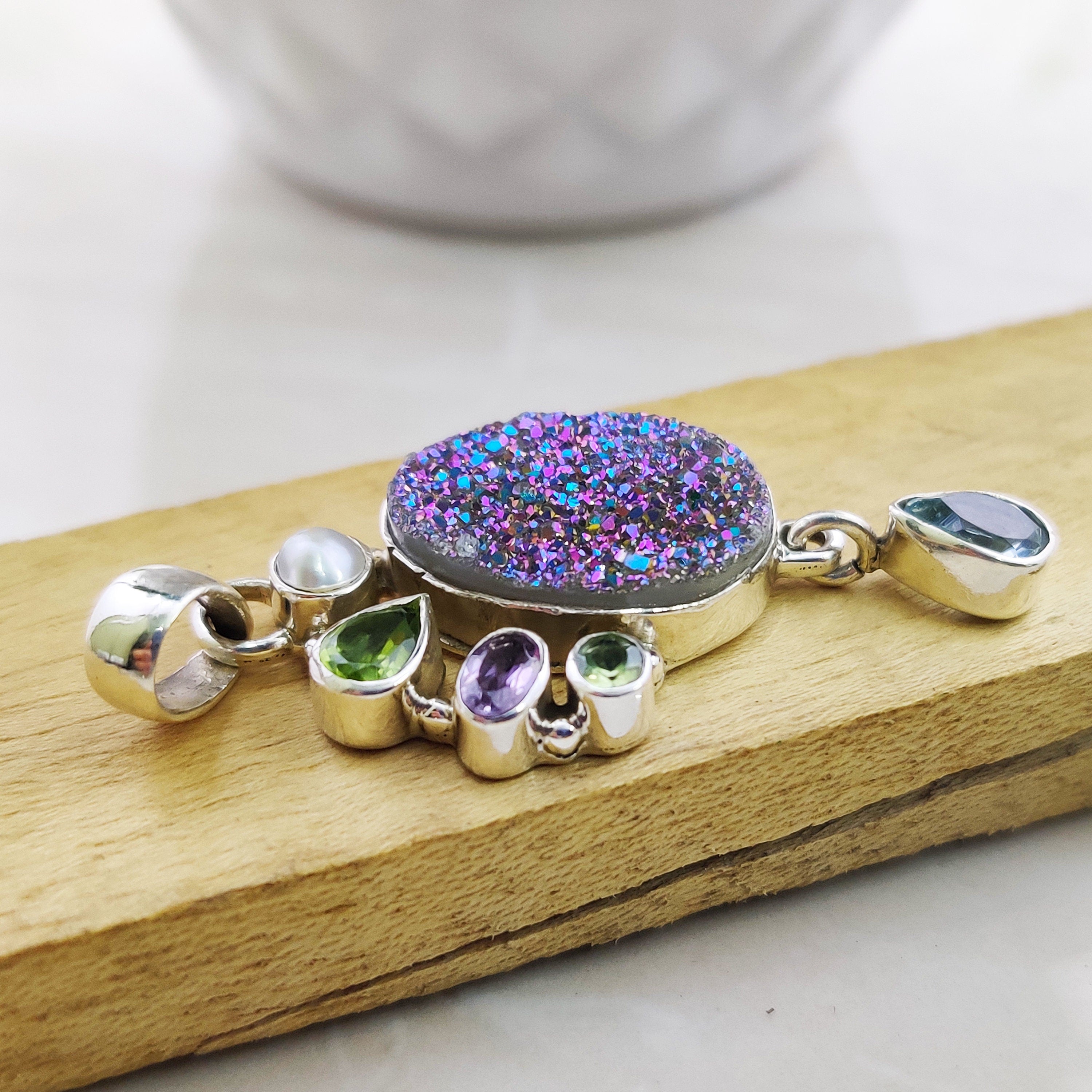 Sterling Silver Natural Blue Topaz Peridot Pearl Druzy Combination Boho Pendant