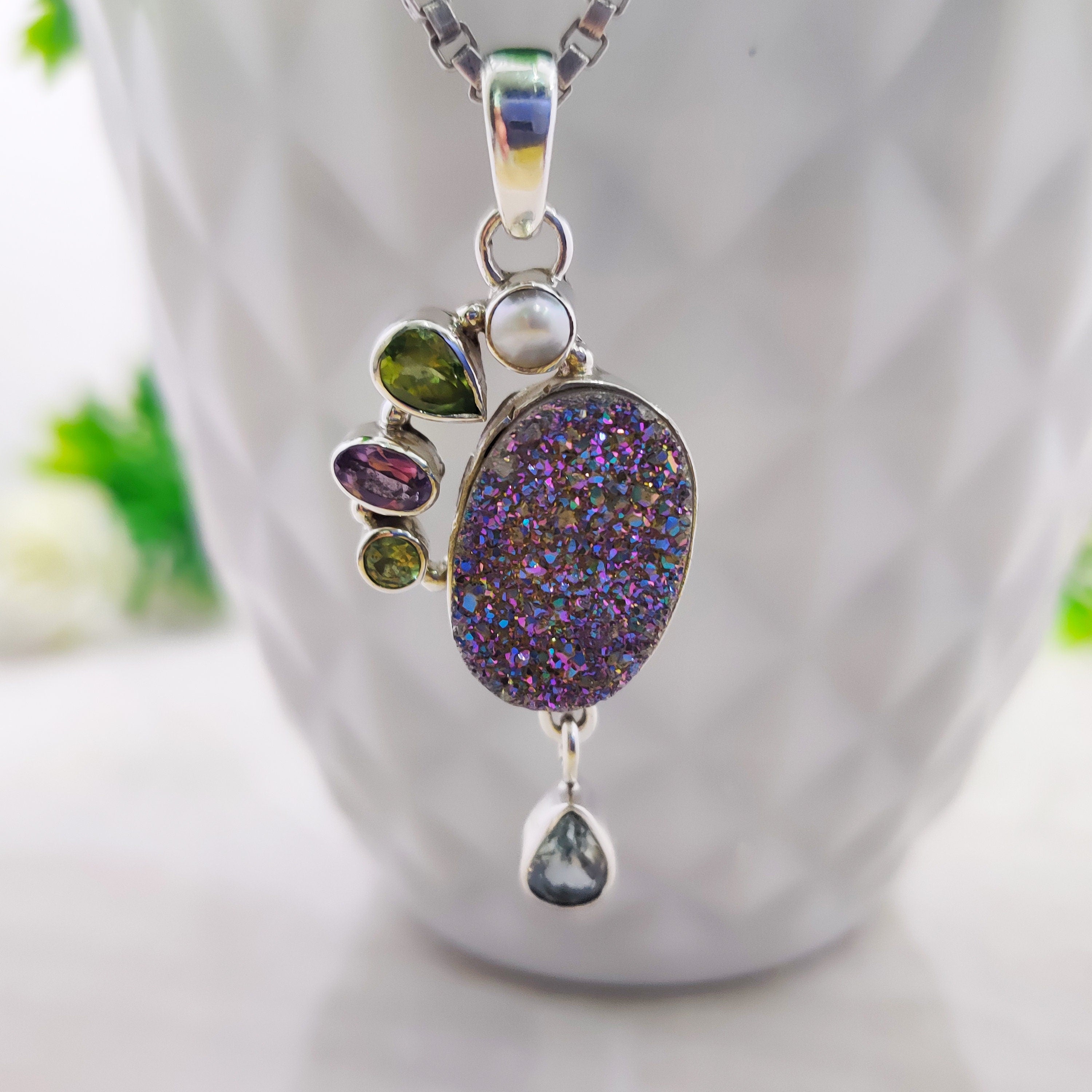 Sterling Silver Natural Blue Topaz Peridot Pearl Druzy Combination Boho Pendant