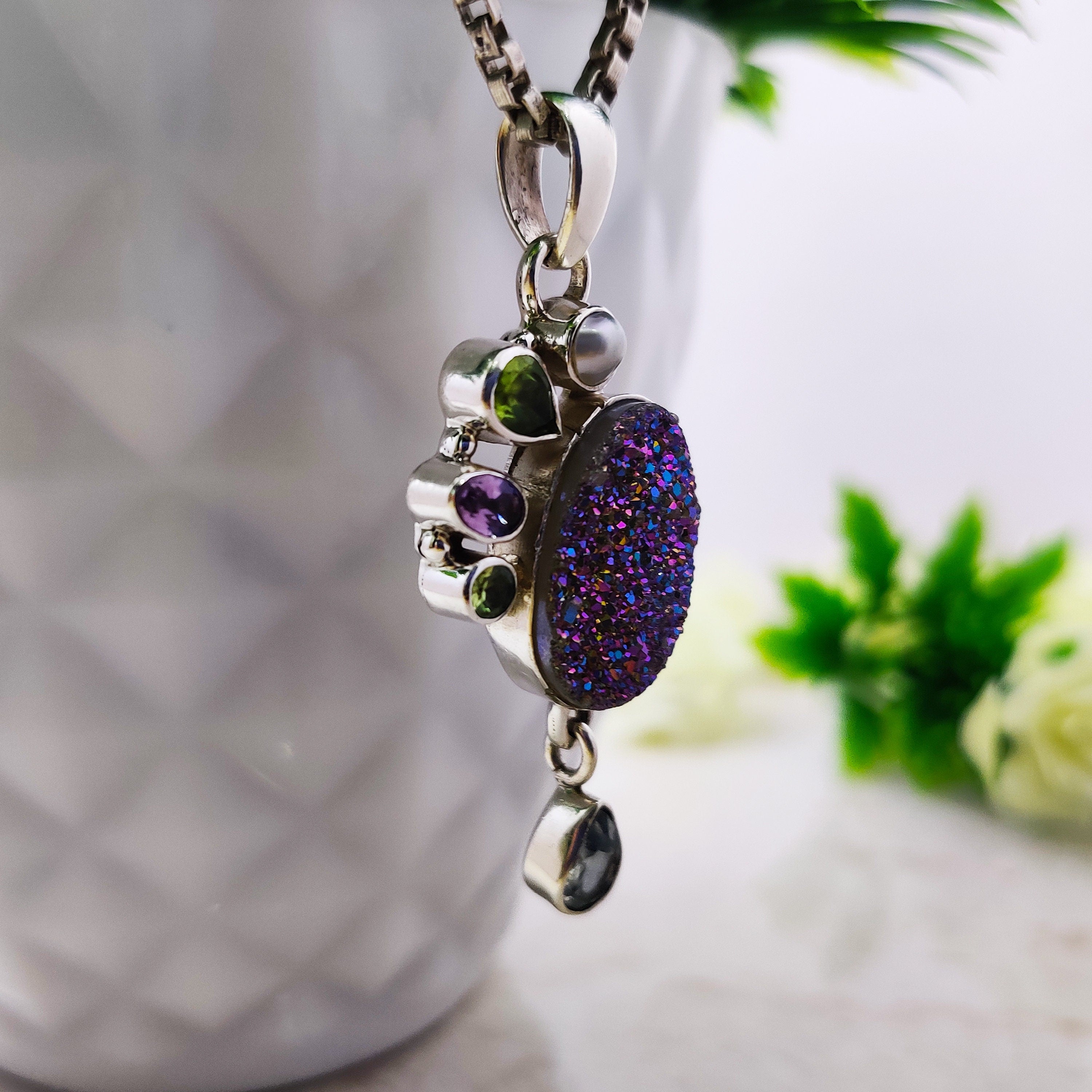 Sterling Silver Natural Blue Topaz Peridot Pearl Druzy Combination Boho Pendant