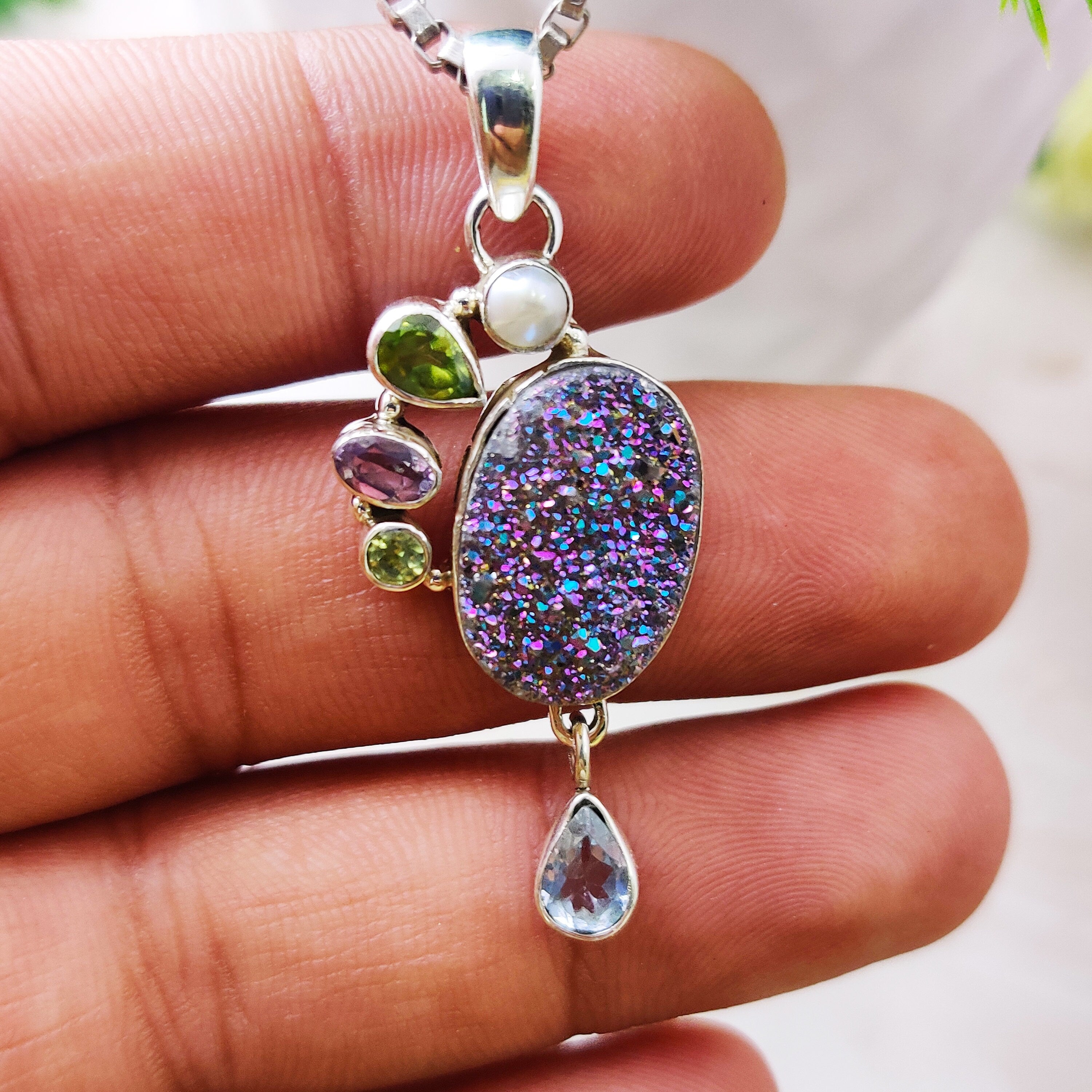 Sterling Silver Natural Blue Topaz Peridot Pearl Druzy Combination Boho Pendant