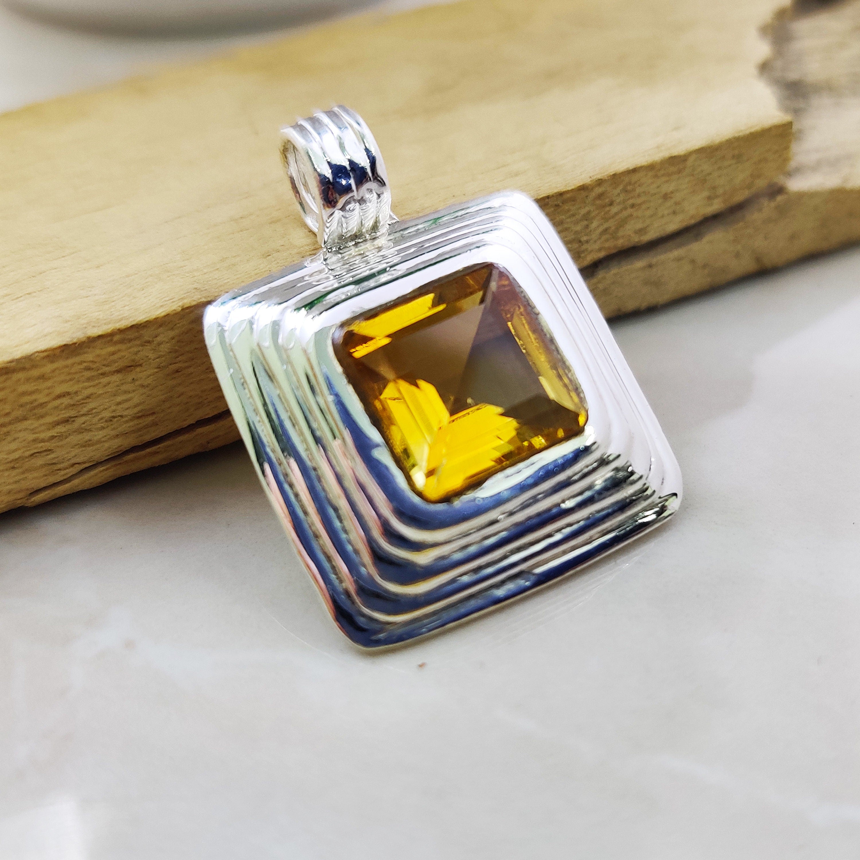 Natural Citrine Square Cut Boho Pendant, 925 Sterling Solid Silver Ring, Purple Color Stone Ring, Amethyst Semi Precious Stone Ring Mom Gift