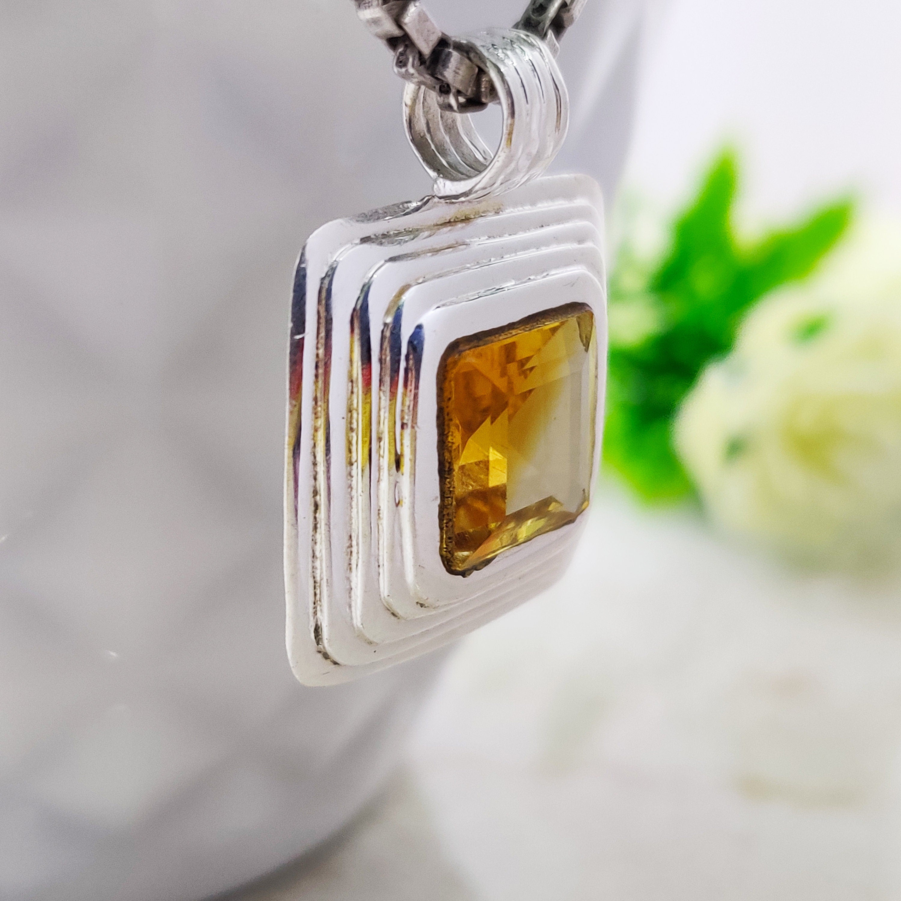Natural Citrine Square Cut Boho Pendant, 925 Sterling Solid Silver Ring, Purple Color Stone Ring, Amethyst Semi Precious Stone Ring Mom Gift