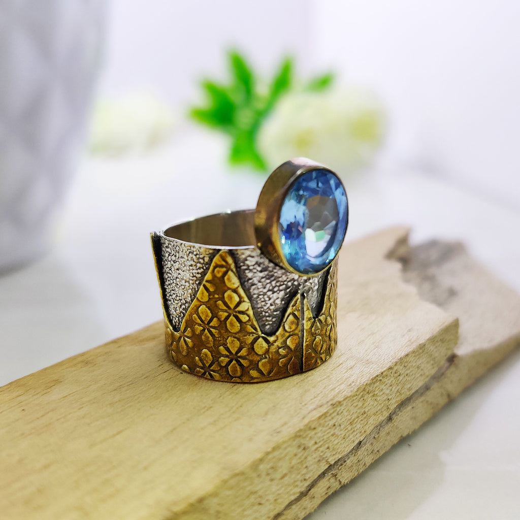 Sterling Silver Natural Blue Topaz Oval Cut Boho Ring