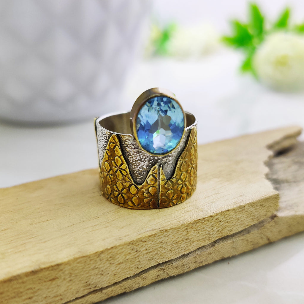 Sterling Silver Natural Blue Topaz Oval Cut Boho Ring