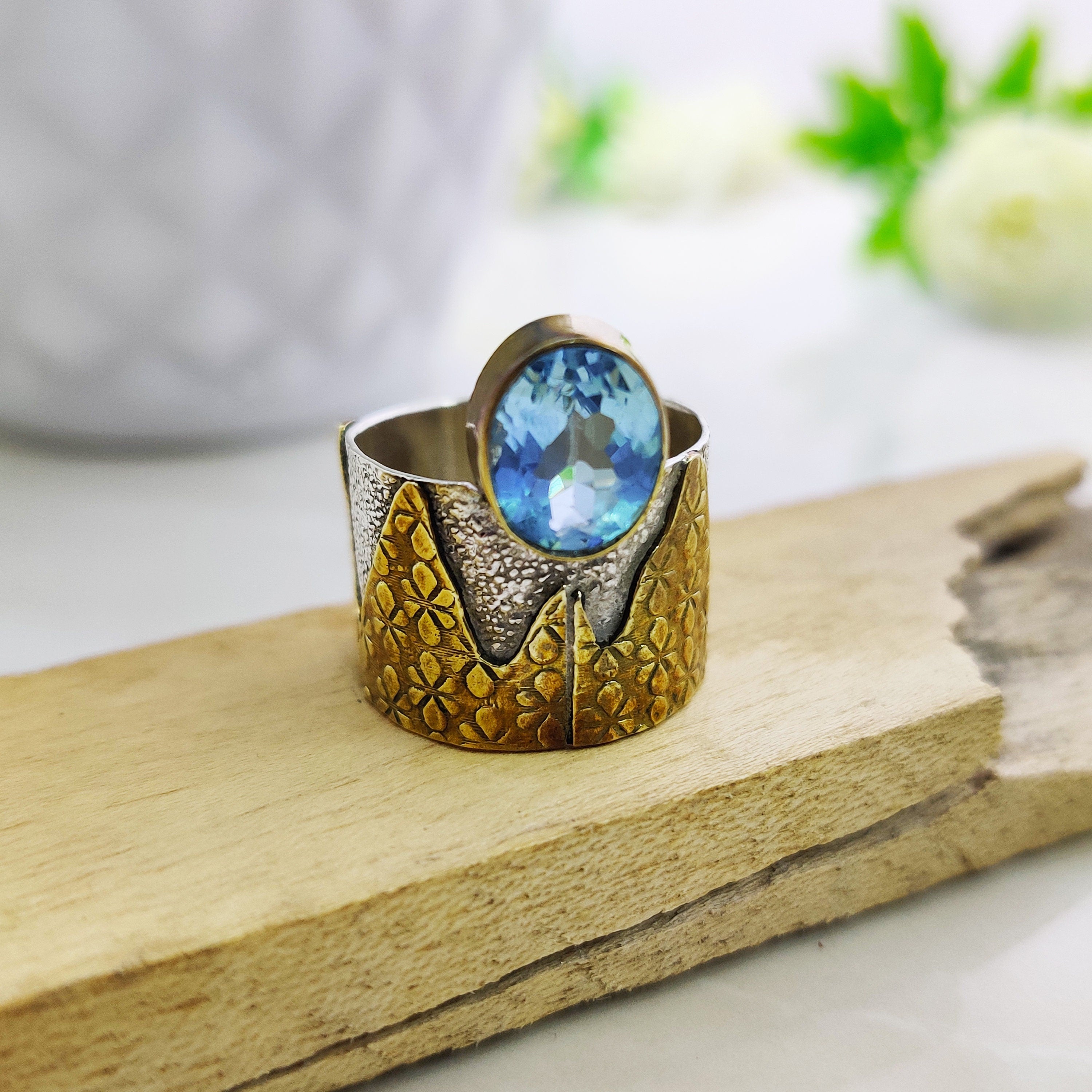 Sterling Silver Natural Blue Topaz Oval Cut Boho Ring