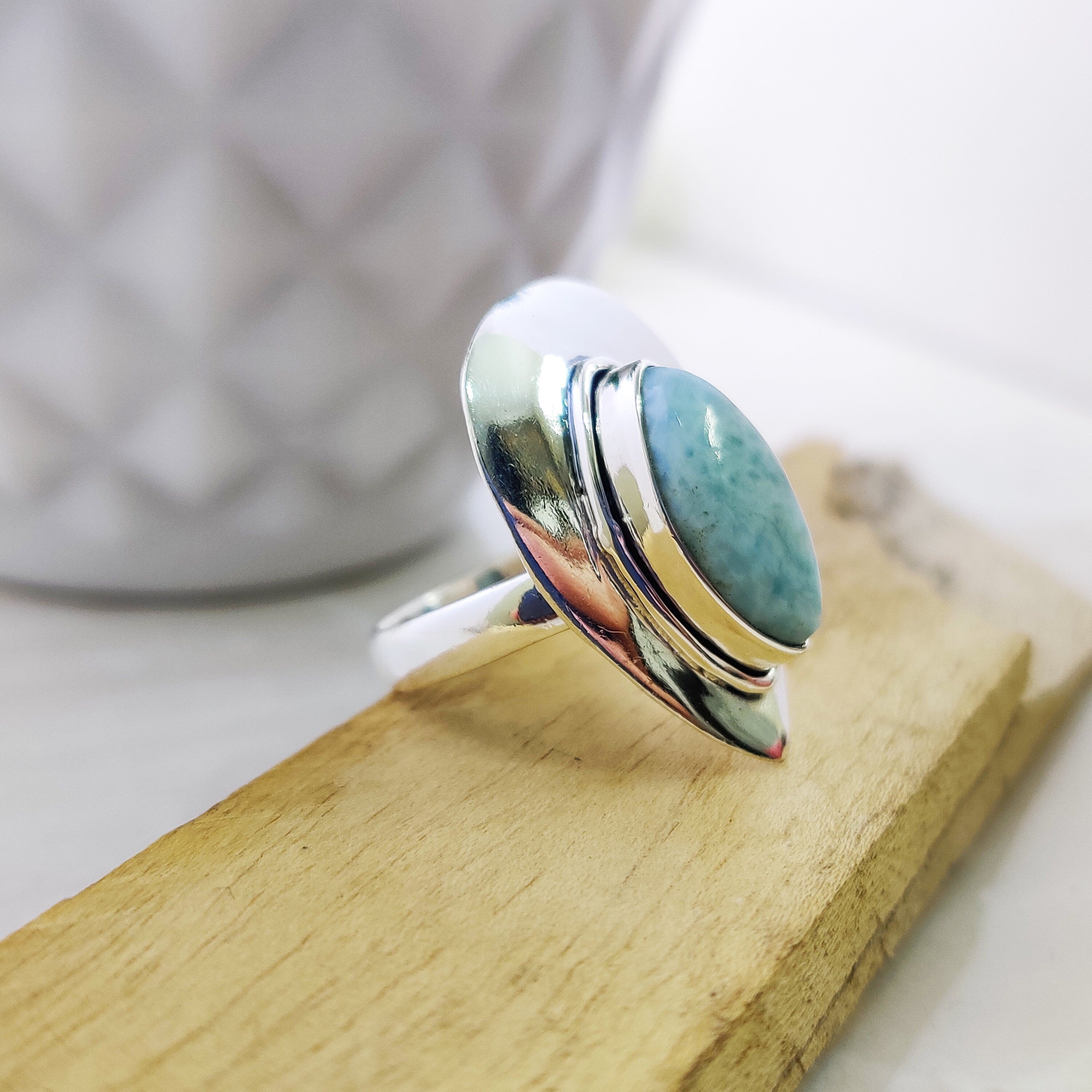 Natural Larimar Marquise Ring Sterling Silver Ring Boho Ring, 925 Sterling Silver Ring, Oval Cabochon Ring, Engagement, Anniversary, Rustic,