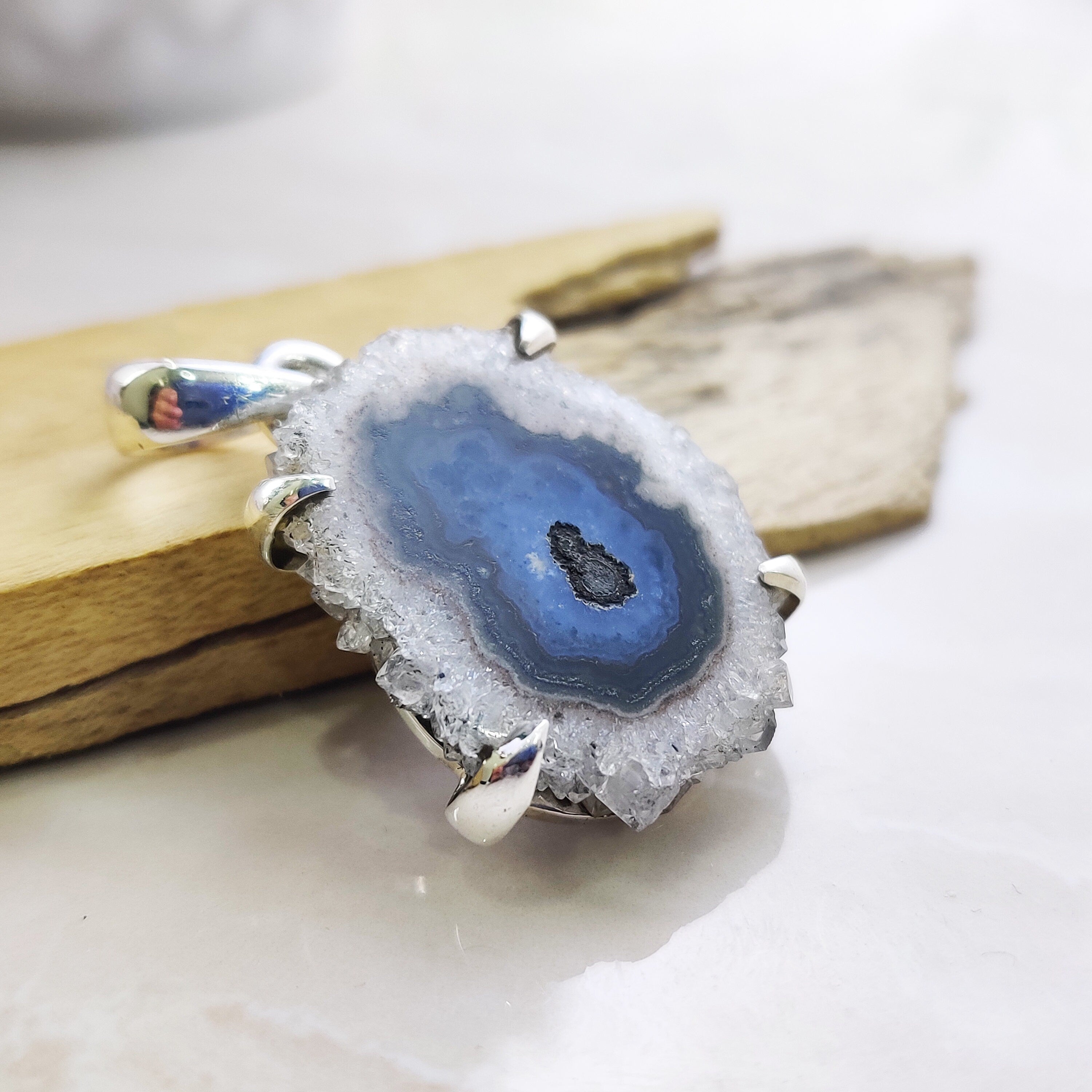 Natural Solor Quartz Druzy Sterling Silver  Raw Stone Boho  Pendant