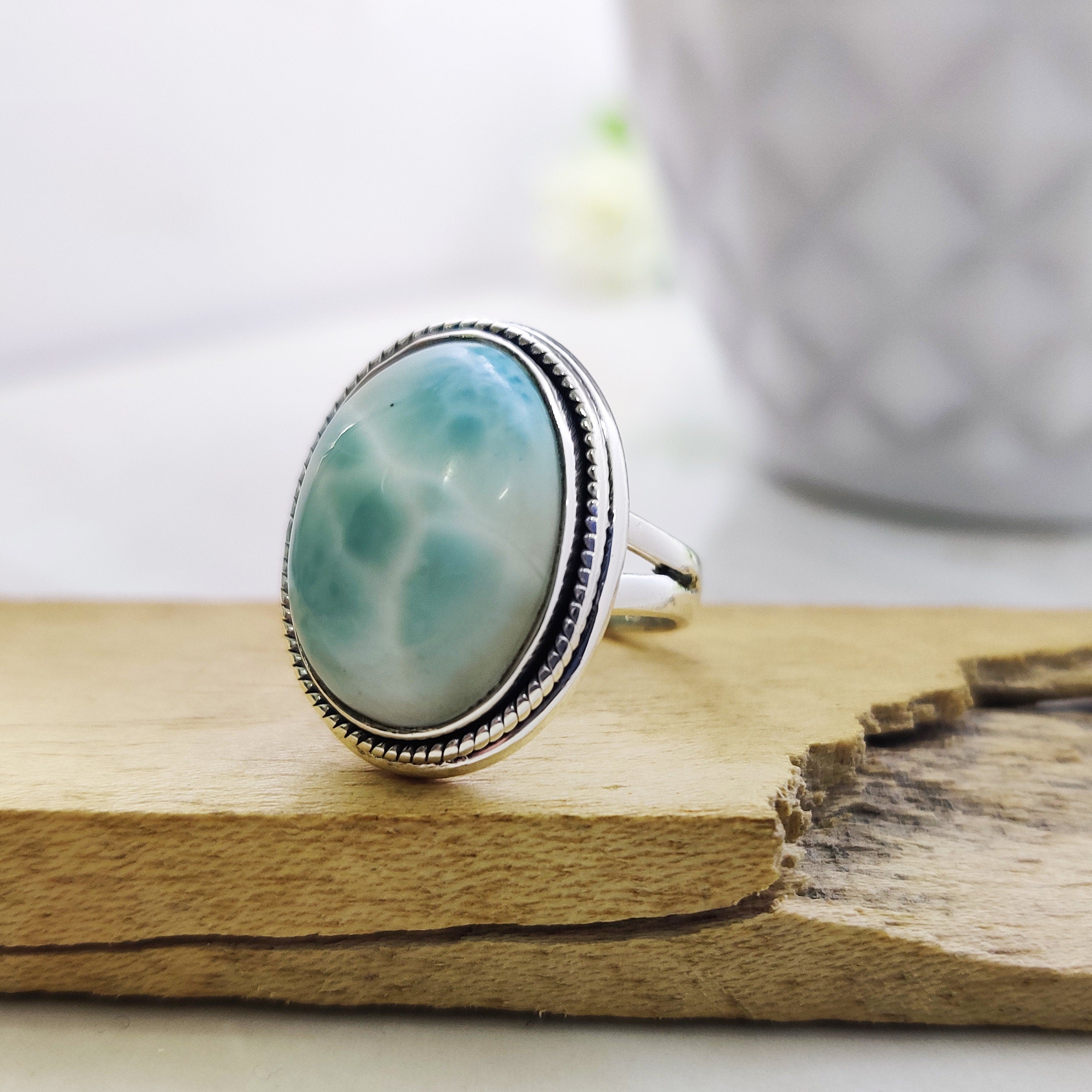925 Sterling Silver RingNatural Larimar Oval Ring Boho Ring Ring Size 5, Oval Cabochon Ring, Engagement, Anniversary, Mom Gift