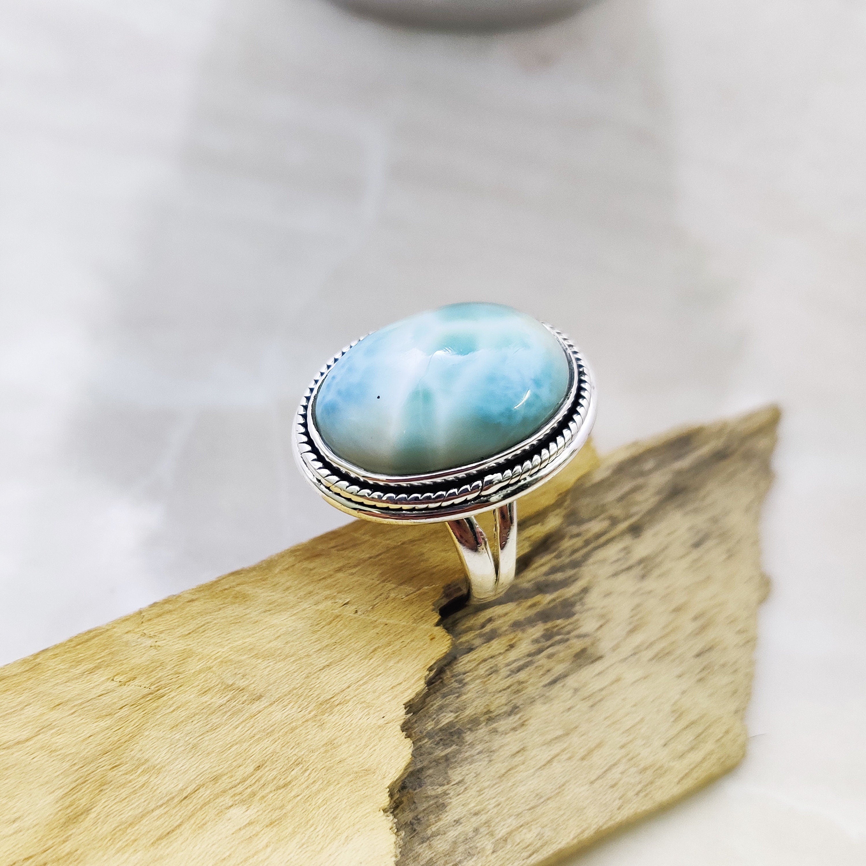 925 Sterling Silver RingNatural Larimar Oval Ring Boho Ring Ring Size 5, Oval Cabochon Ring, Engagement, Anniversary, Mom Gift