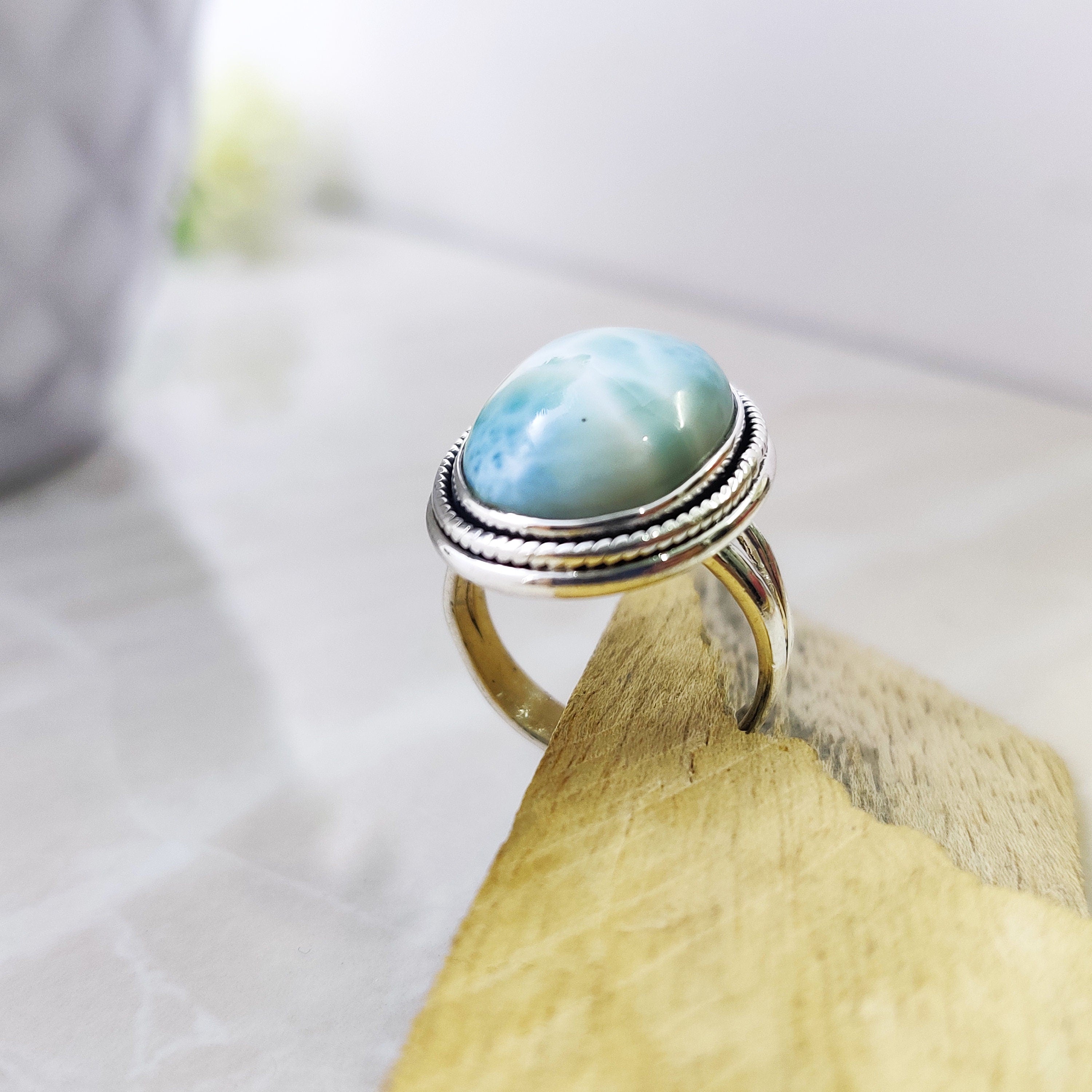 925 Sterling Silver RingNatural Larimar Oval Ring Boho Ring Ring Size 5, Oval Cabochon Ring, Engagement, Anniversary, Mom Gift