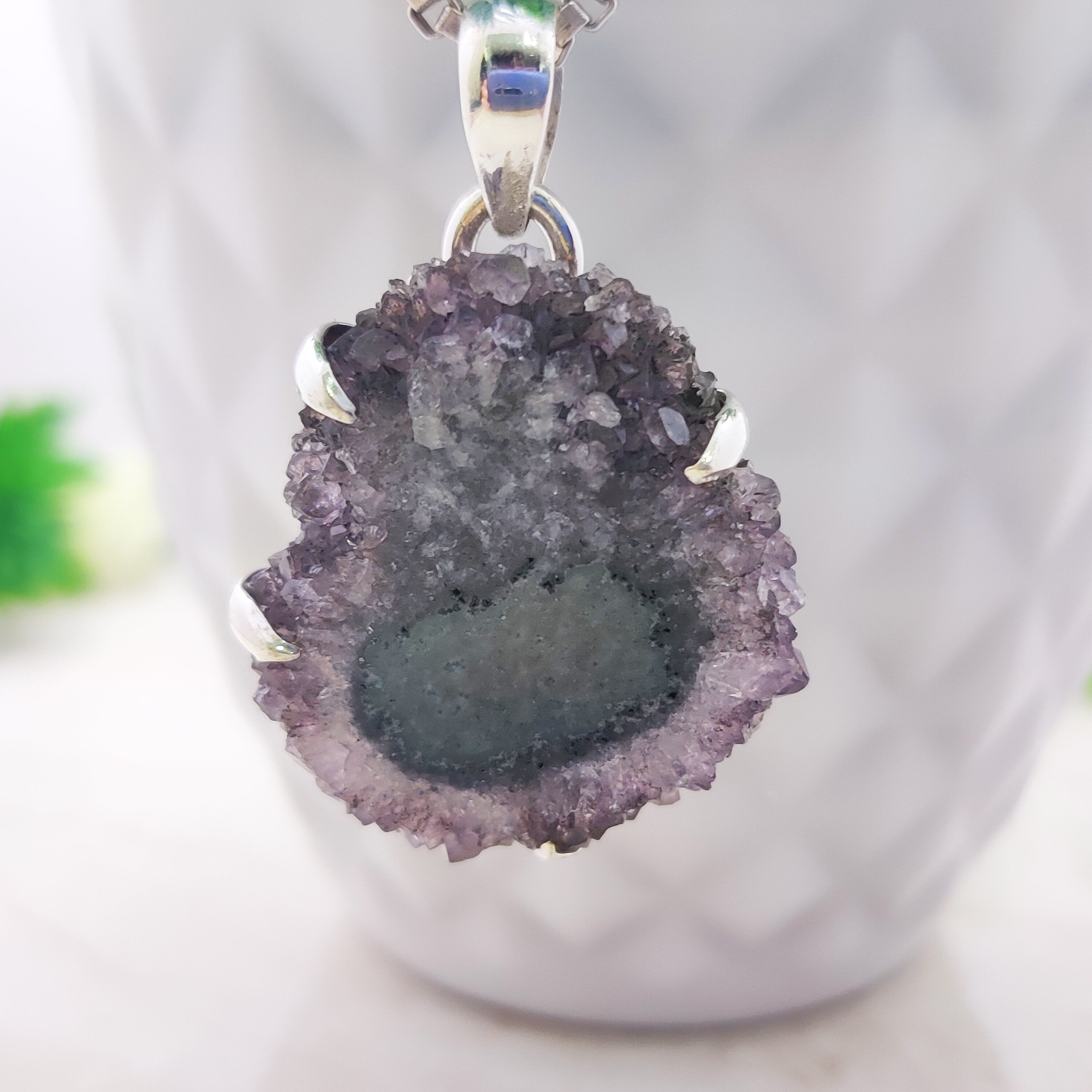 Natural Amethyst Solor Druzy Raw Stone Sterling Silver  Boho  Pendant, Solar Quartz Pendant, Solar Quartz Pendant, female birth day.