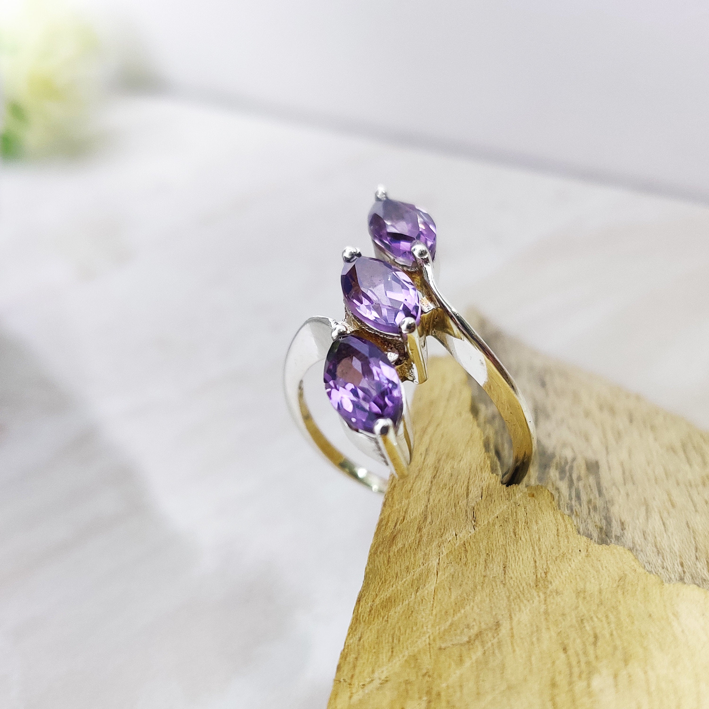 February Birthstone Ring Natural Amethyst Marquise Sterling Silver Boho Ring, 925 Sterling Solid Silver Ring-Purple Color Stone Ring