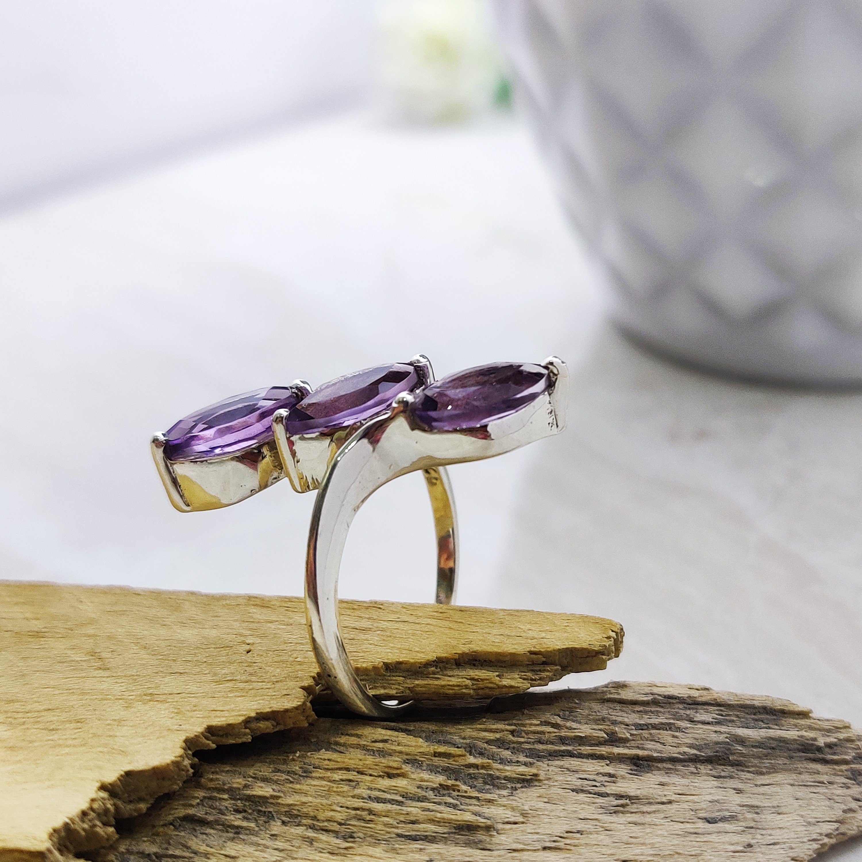 February Birthstone Ring Natural Amethyst Marquise Sterling Silver Boho Ring, 925 Sterling Solid Silver Ring-Purple Color Stone Ring