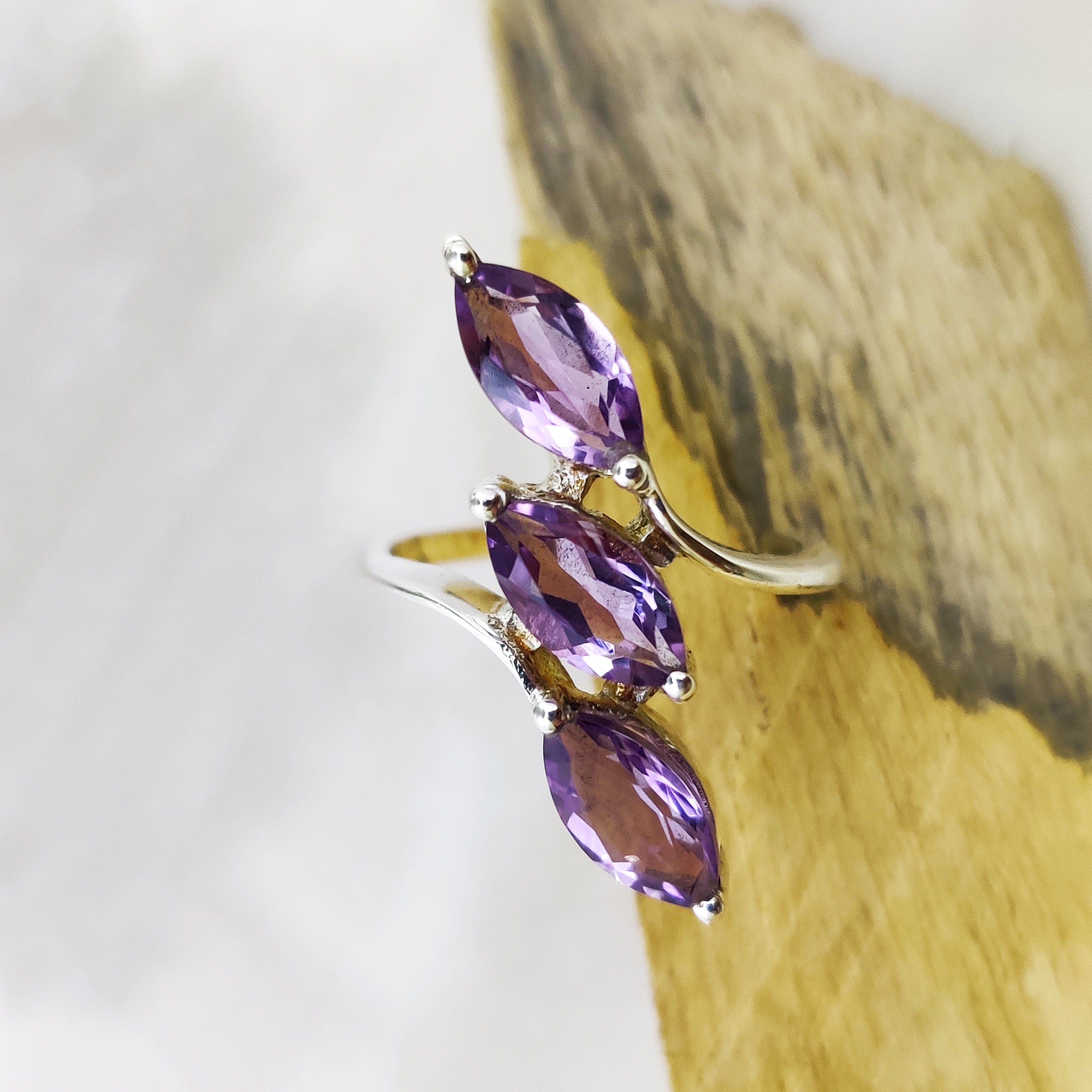 February Birthstone Ring Natural Amethyst Marquise Sterling Silver Boho Ring, 925 Sterling Solid Silver Ring-Purple Color Stone Ring