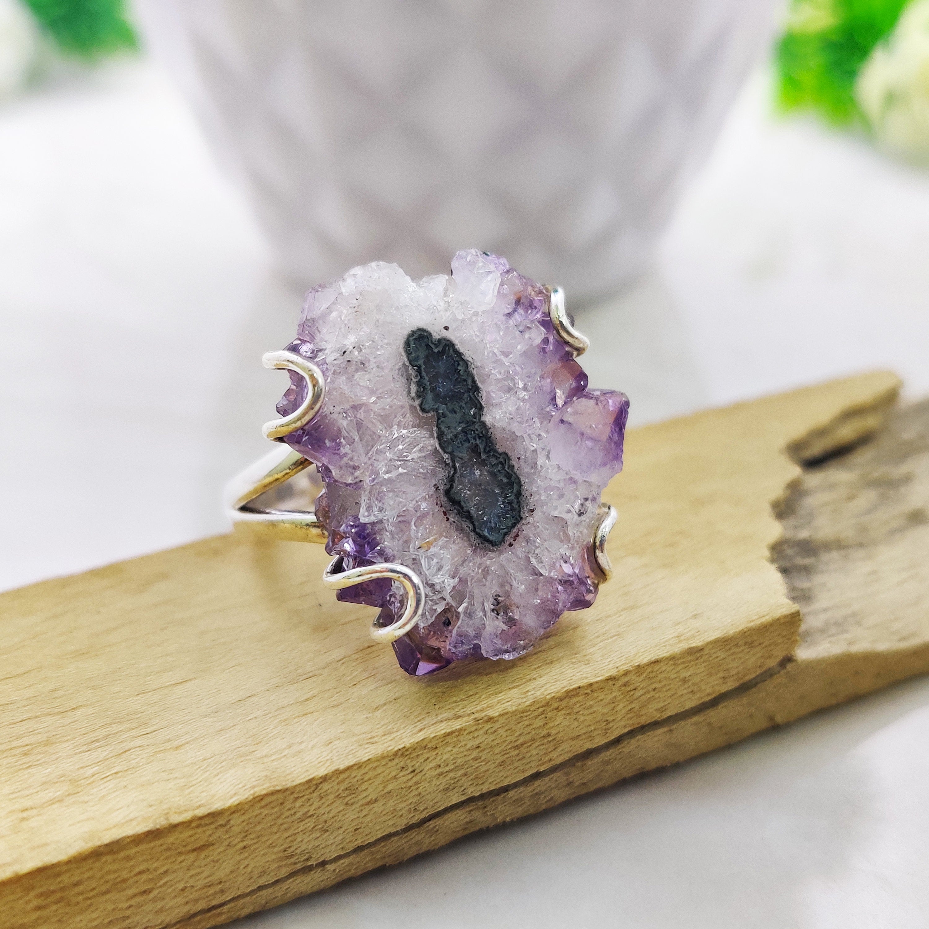 Natural Amethyst Solar Druzy February Birthstone Ring  Boho Big Size Ring, 925 Sterling Silver Ring, Unshaped Raw Ring, Engagement Gift