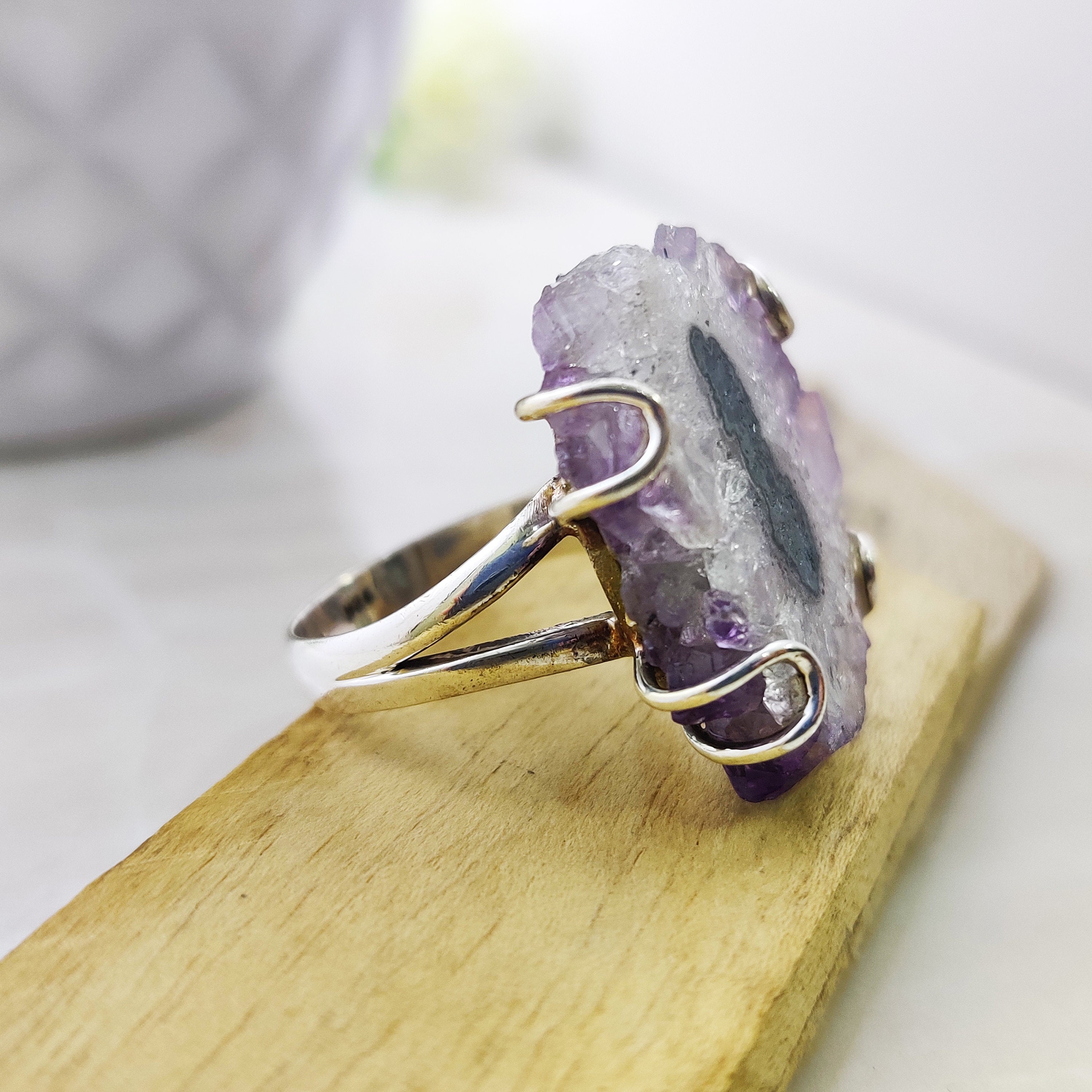 Natural Amethyst Solar Druzy February Birthstone Ring  Boho Big Size Ring, 925 Sterling Silver Ring, Unshaped Raw Ring, Engagement Gift