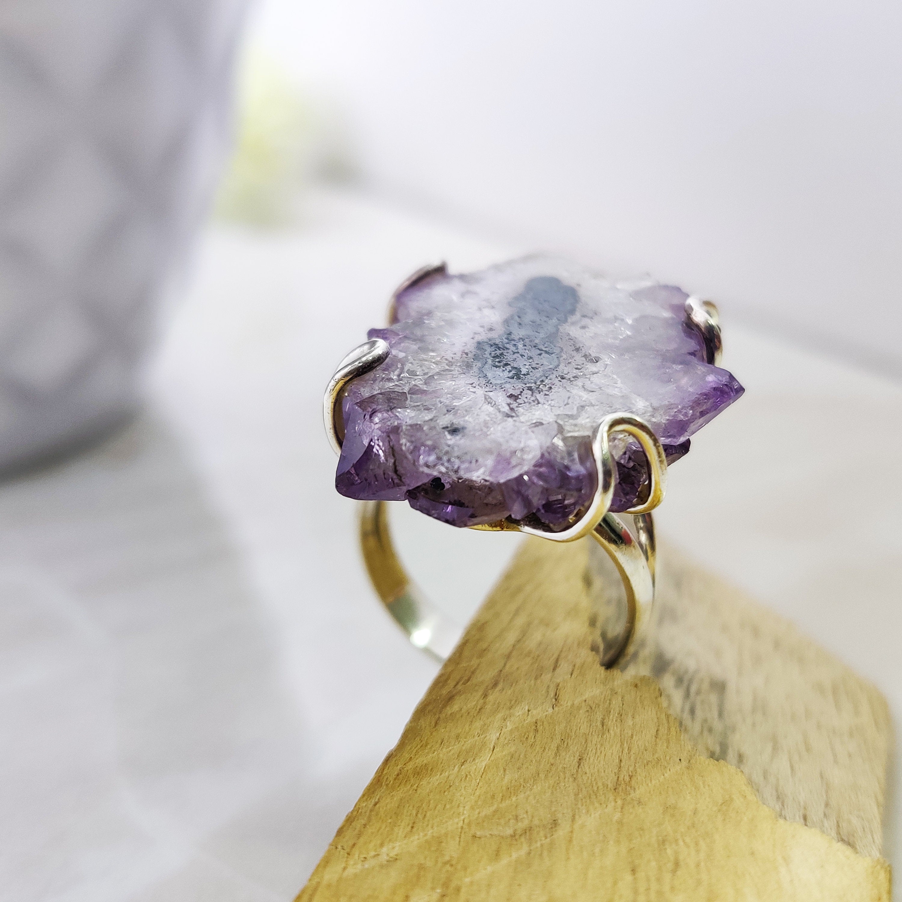 Natural Amethyst Solar Druzy February Birthstone Ring  Boho Big Size Ring, 925 Sterling Silver Ring, Unshaped Raw Ring, Engagement Gift