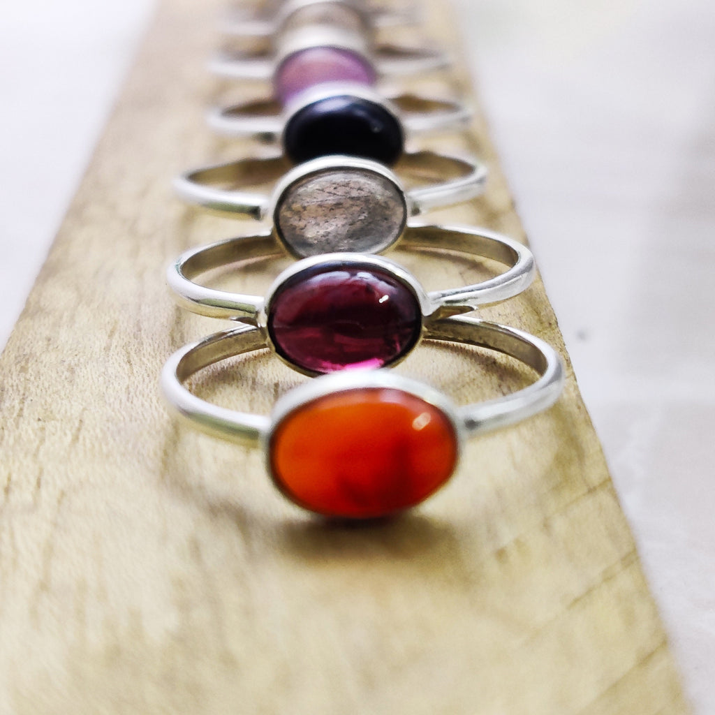 Sterling Silver Natural Amethyst Lapis Garnet Cabochon Boho Ring Tiny Ring