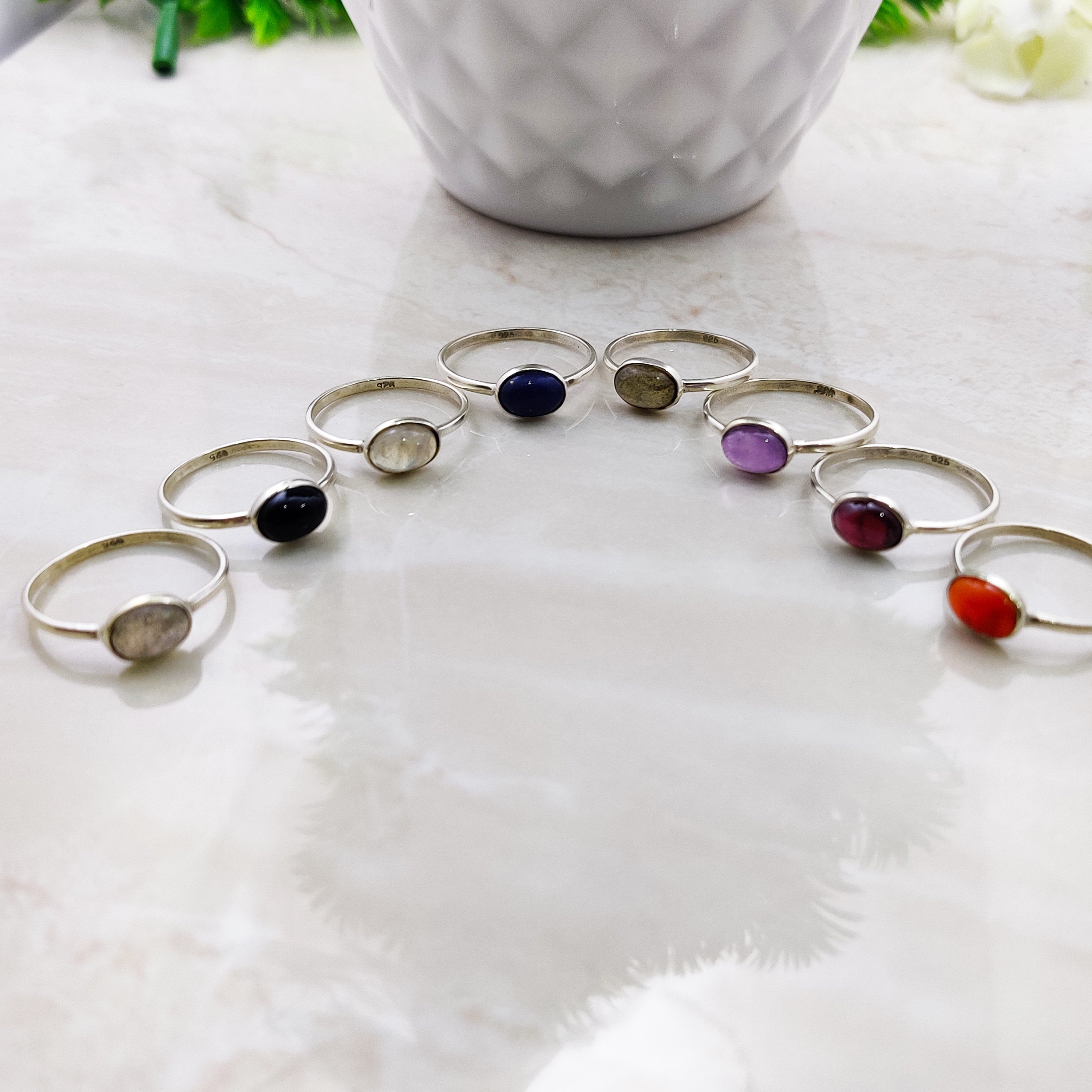 Sterling Silver Natural Amethyst Lapis Garnet Cabochon Boho Ring Tiny Ring