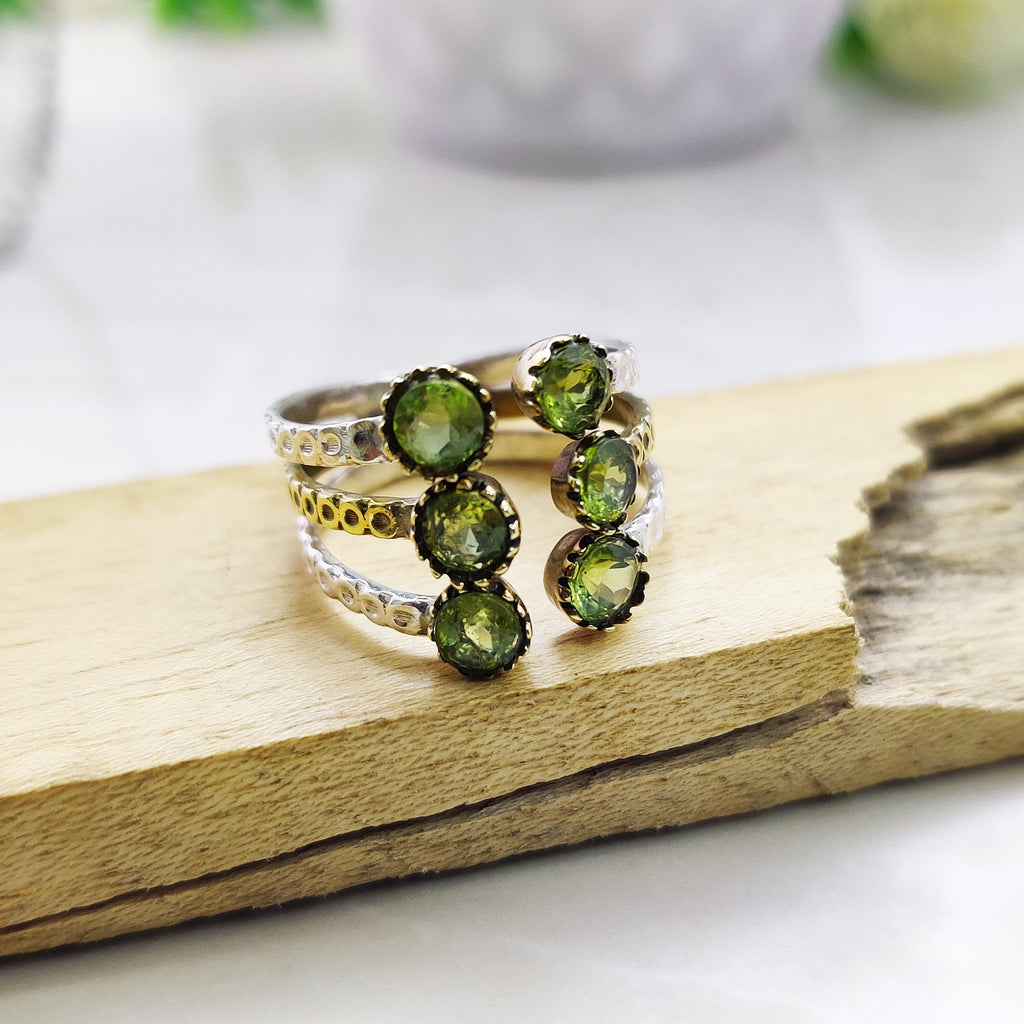Natural Peridot Round Sterling Silver Boho Ring Adjustable Ring