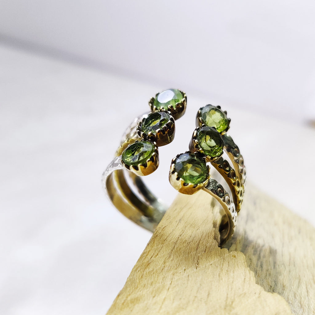 Natural Peridot Round Sterling Silver Boho Ring Adjustable Ring