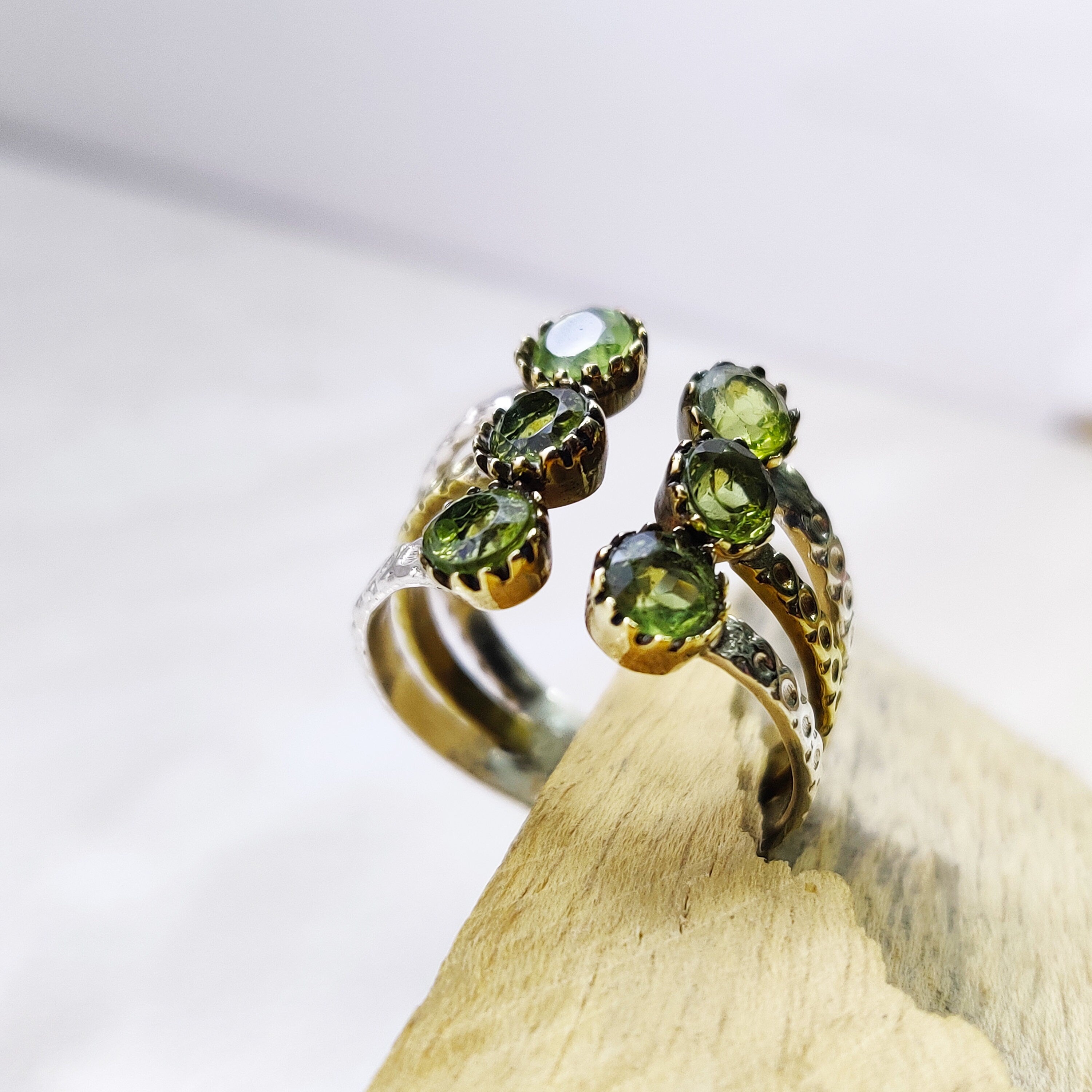 Natural Peridot Round Sterling Silver Boho Ring Adjustable Ring