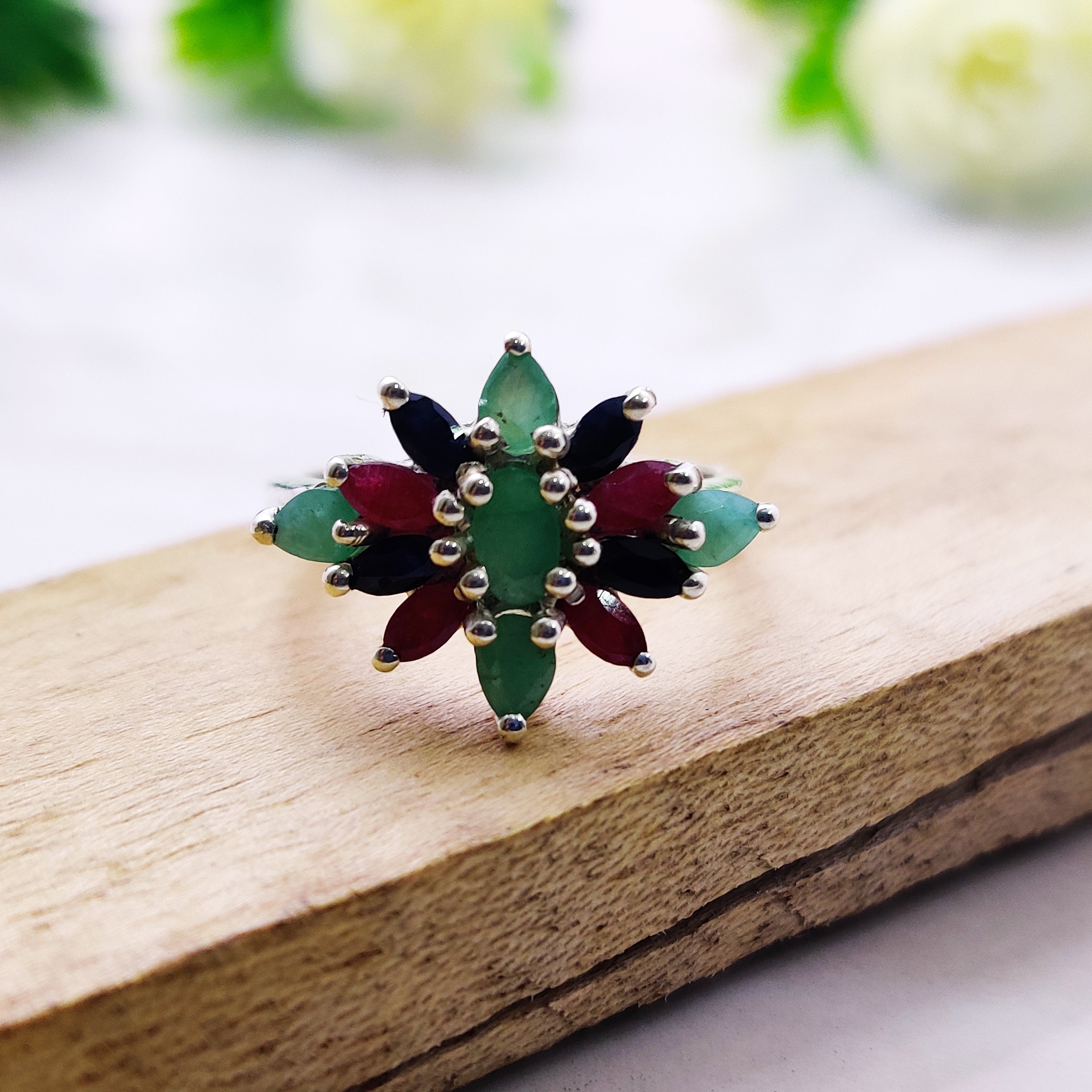 Natural Multi Stone Marquise Ring Sterling Silver Ring Boho Ring July Birthstone Ring