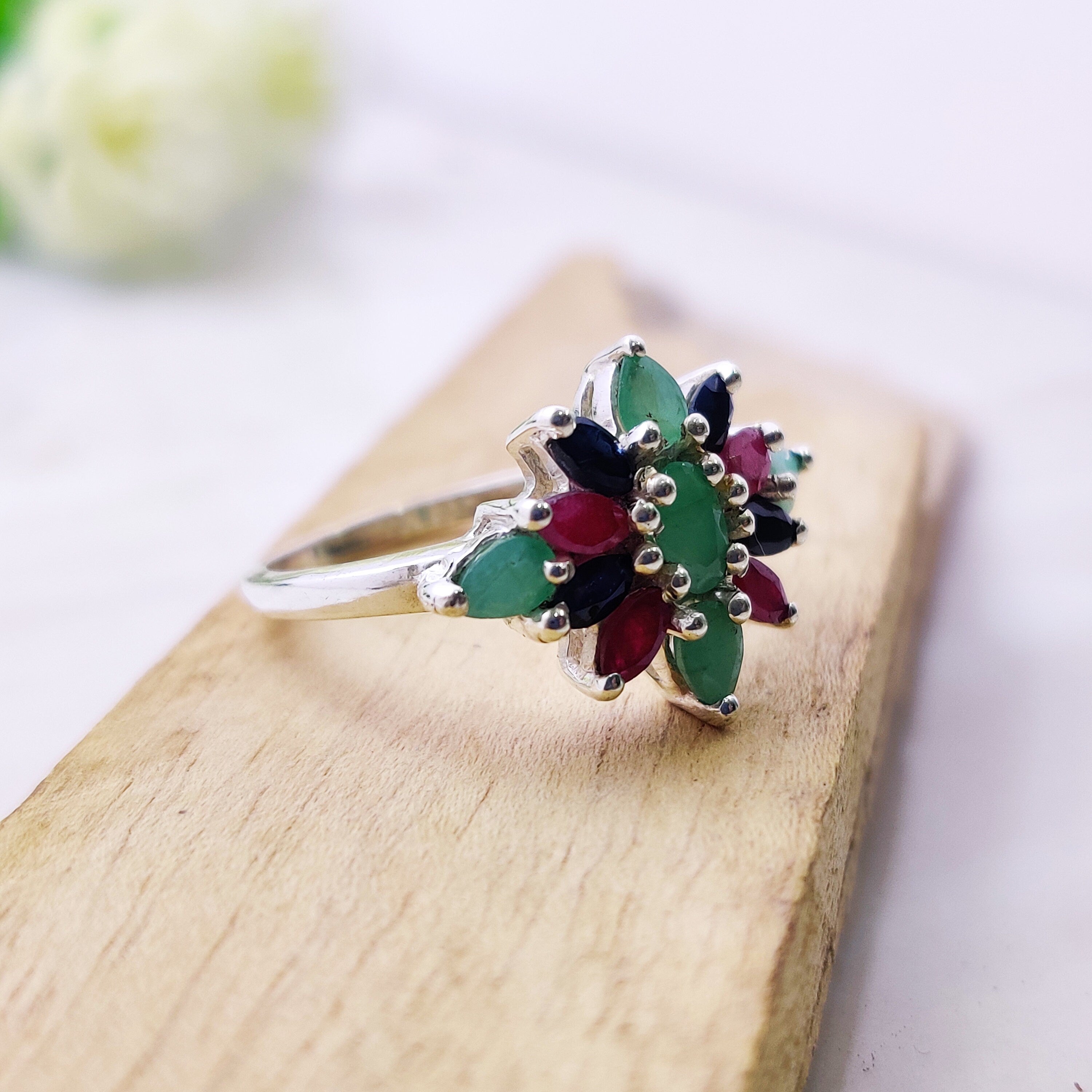 Natural Multi Stone Marquise Ring Sterling Silver Ring Boho Ring July Birthstone Ring