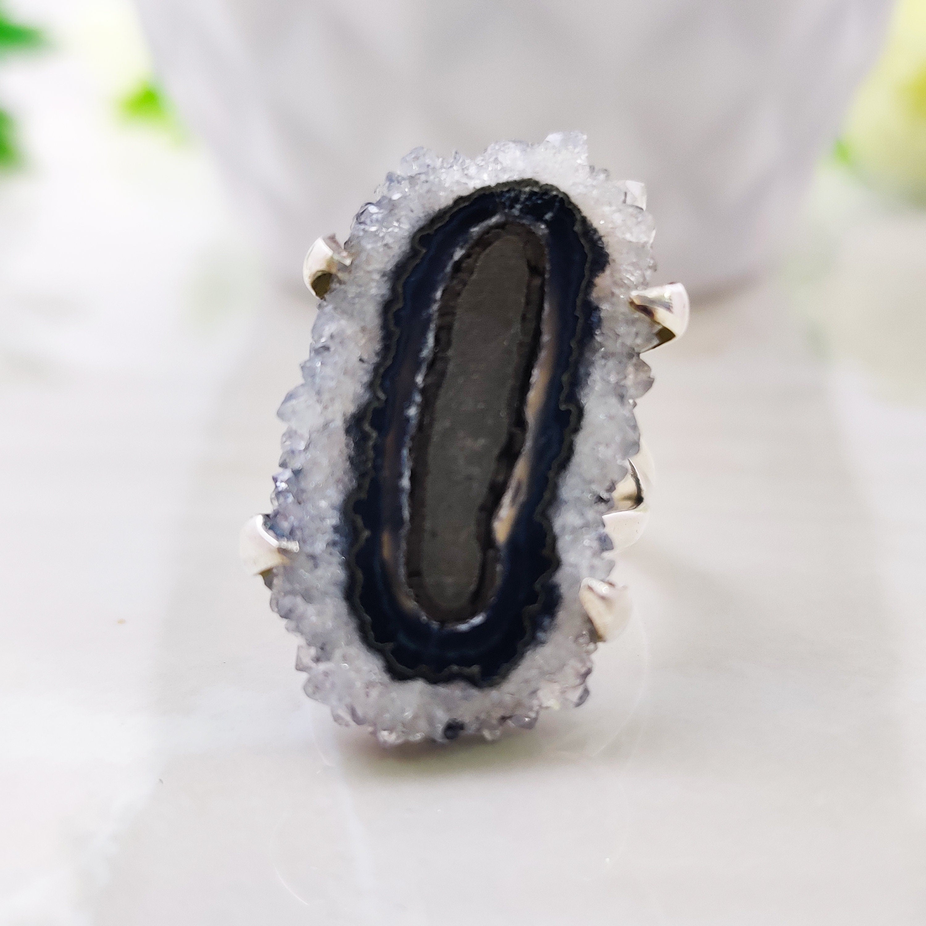 Natural Amethyst Druzy February Birthstone Ring Sterling Silver Boho Big Size Ring