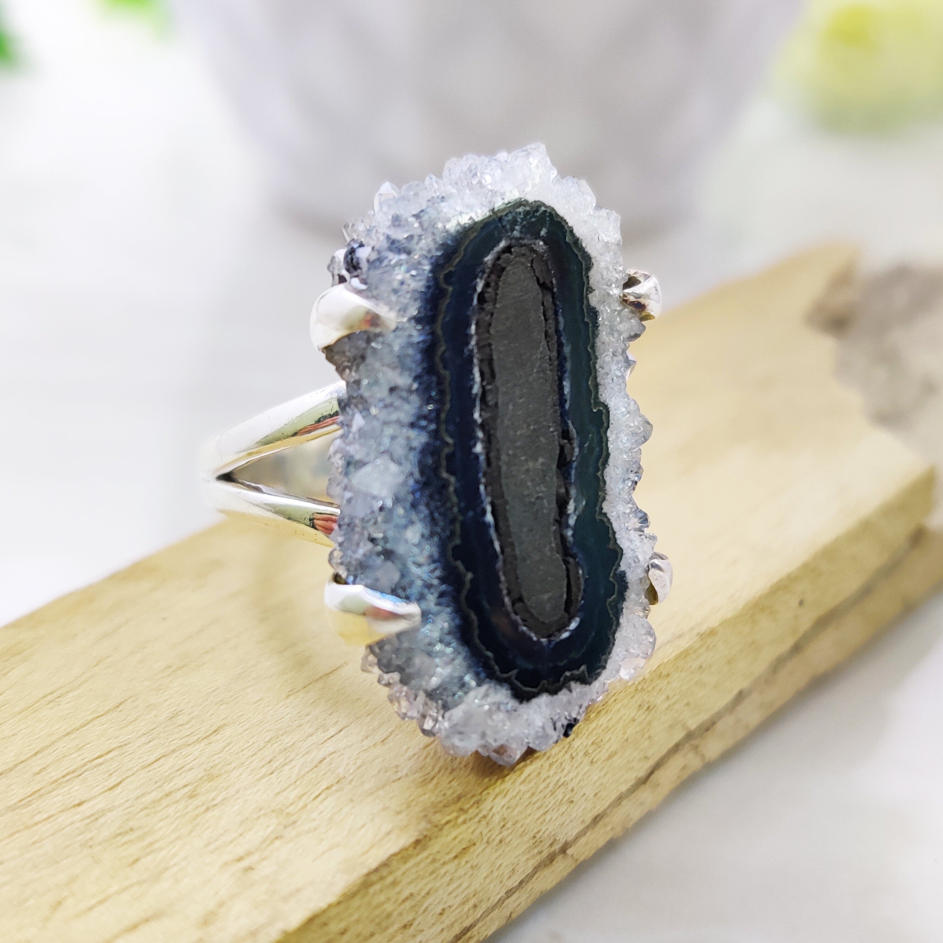 Natural Amethyst Druzy February Birthstone Ring Sterling Silver Boho Big Size Ring