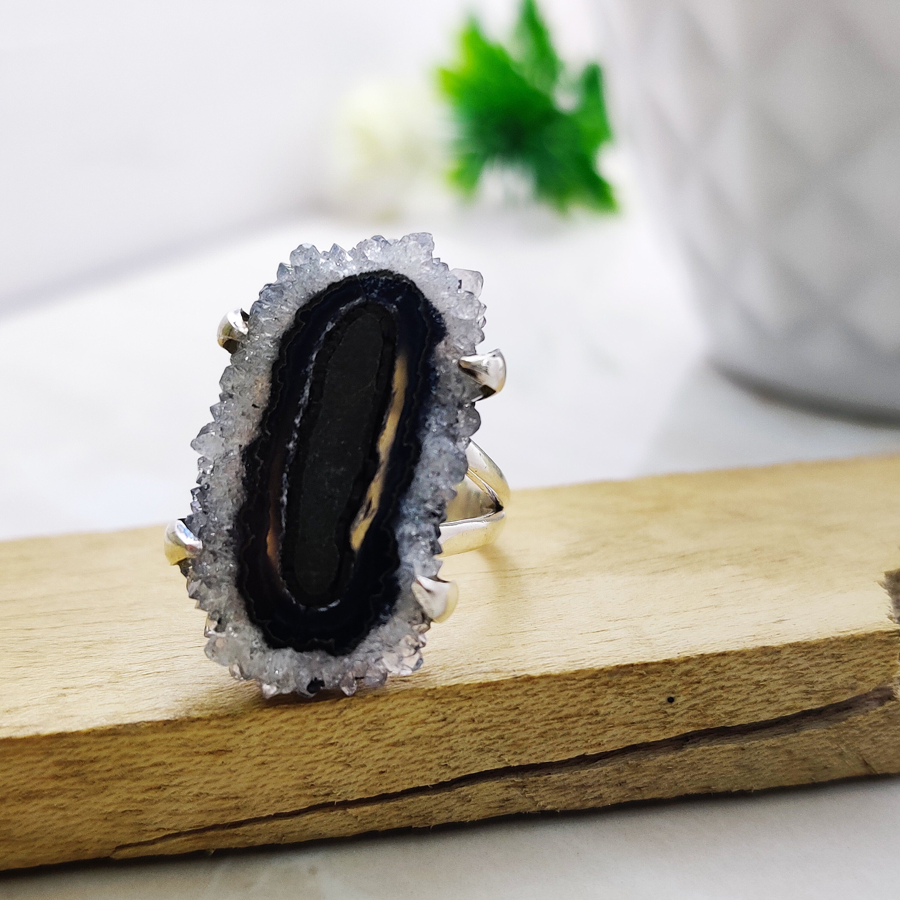 Natural Amethyst Druzy February Birthstone Ring Sterling Silver Boho Big Size Ring