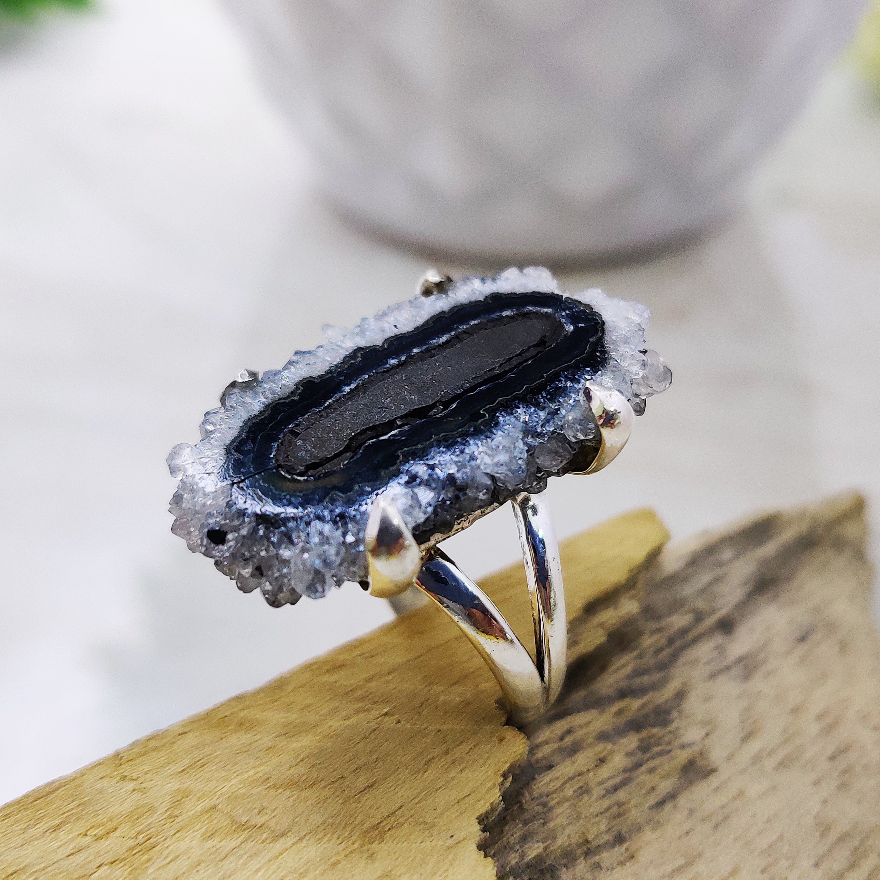 Natural Amethyst Druzy February Birthstone Ring Sterling Silver Boho Big Size Ring