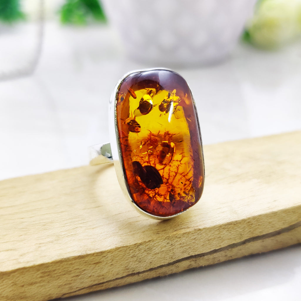 Sterling Silver Natural Amber Boho Big Size Ring  Ring Size 6 1/2