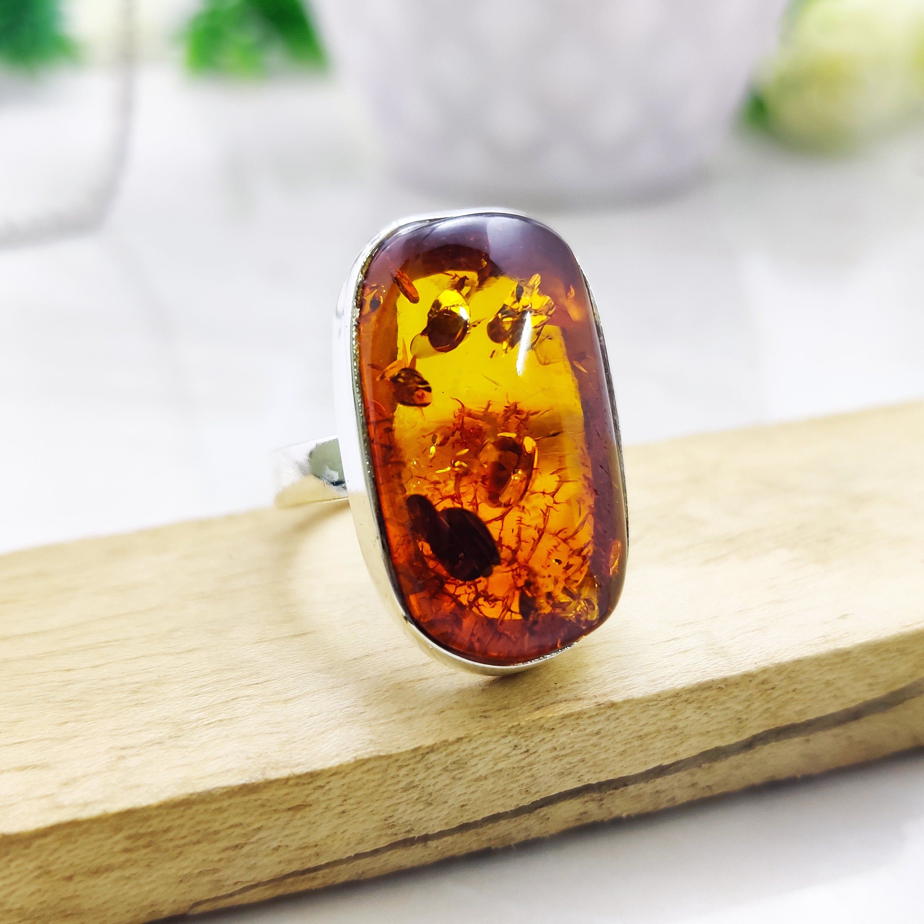 Sterling Silver Natural Amber Boho Big Size Ring  Ring Size 6 1/2