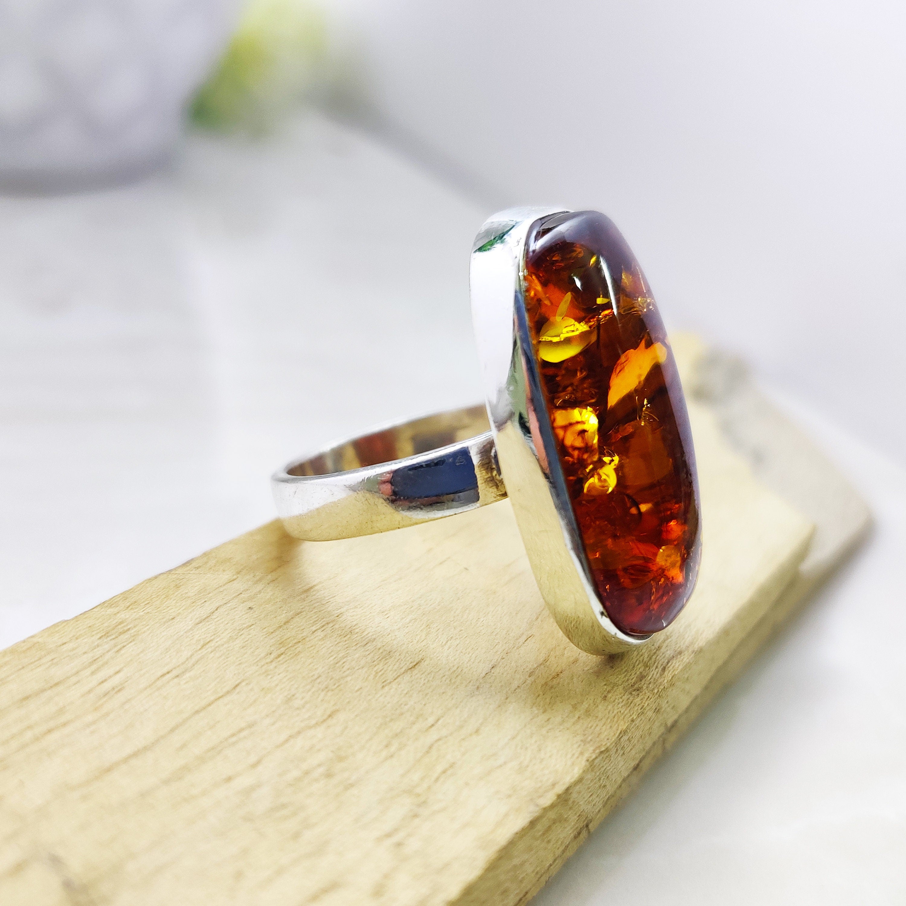 Sterling Silver Natural Amber Boho Big Size Ring  Ring Size 6 1/2