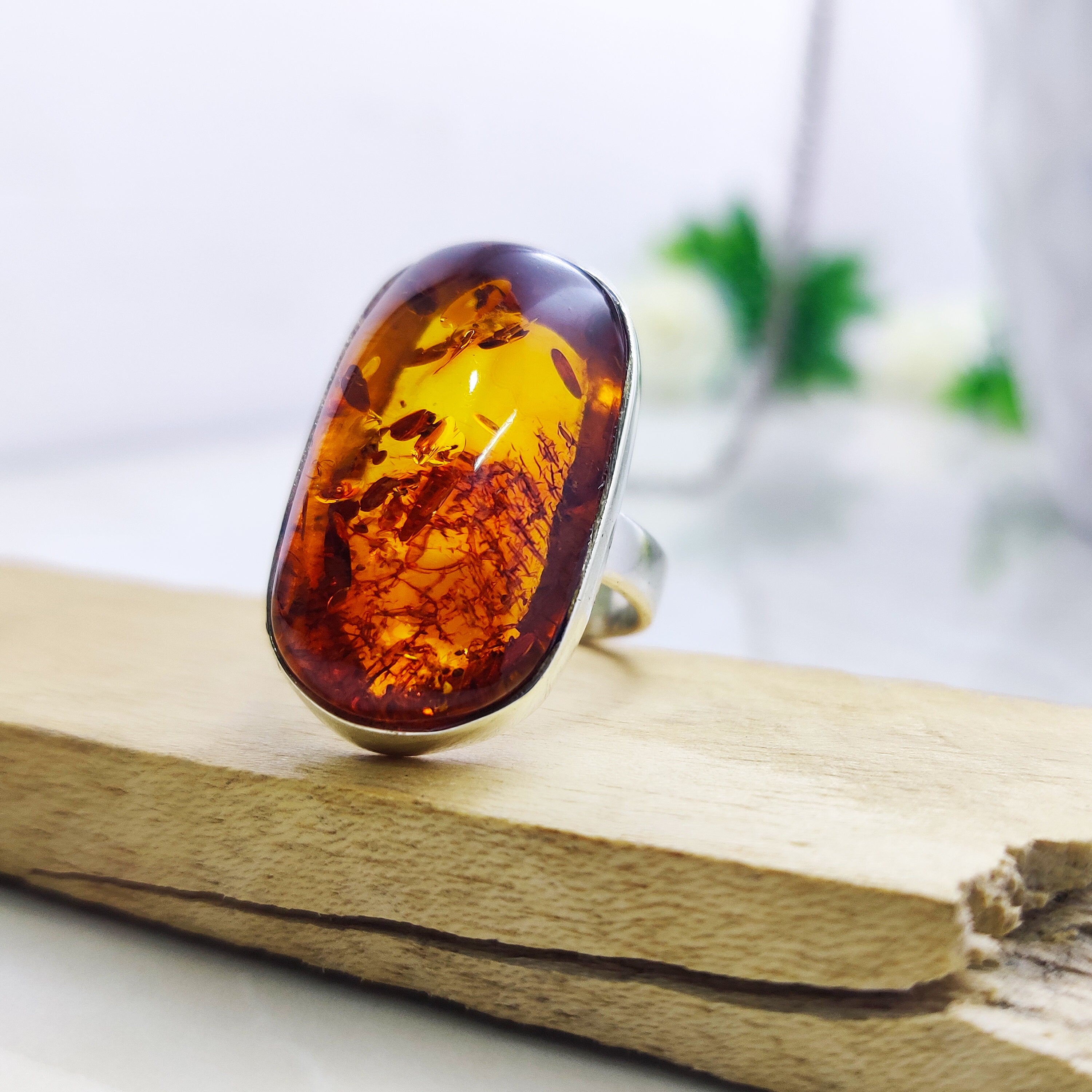 Sterling Silver Natural Amber Boho Big Size Ring  Ring Size 6 1/2