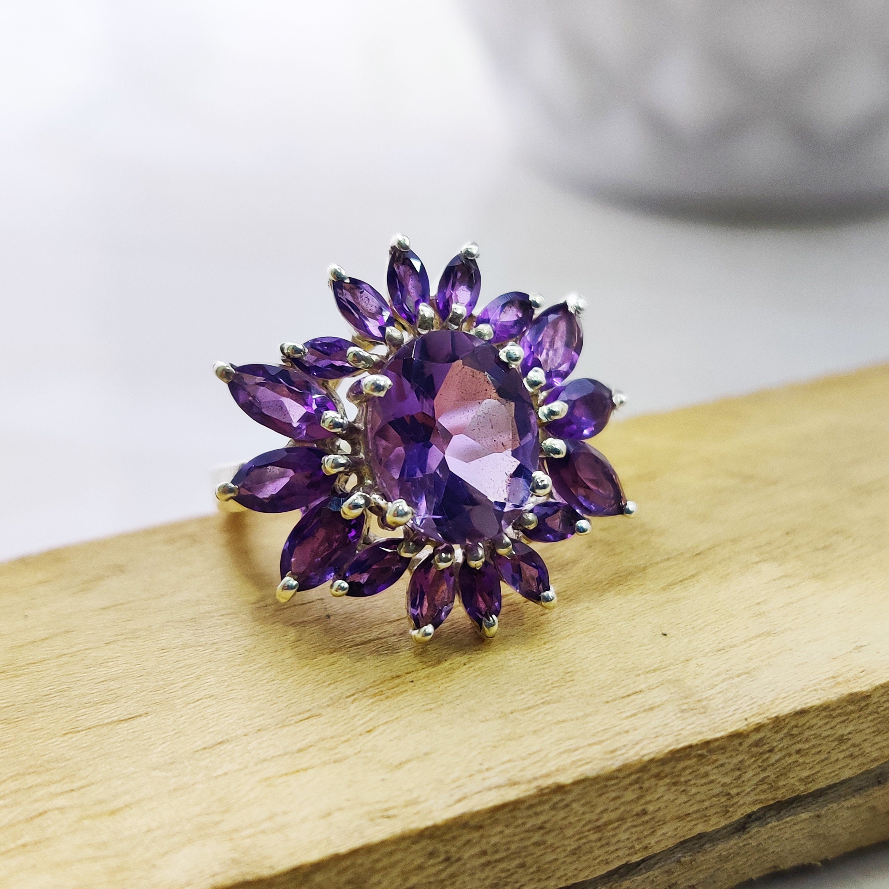 Natural Marquise Amethyst Ring Sterling Silver Ring Boho Ring