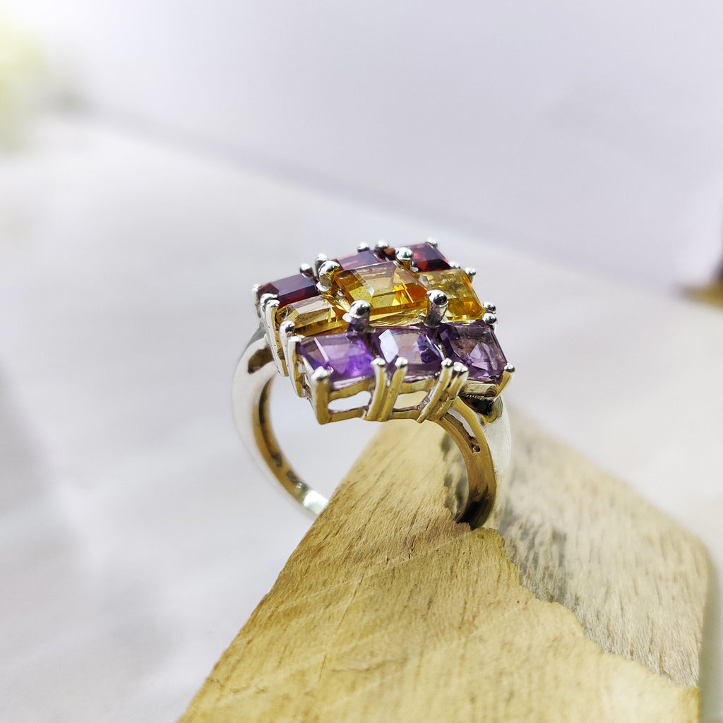 Natural Amethyst Citrin Garnet Square Trio  Ring Sterling Silver Ring Boho Ring