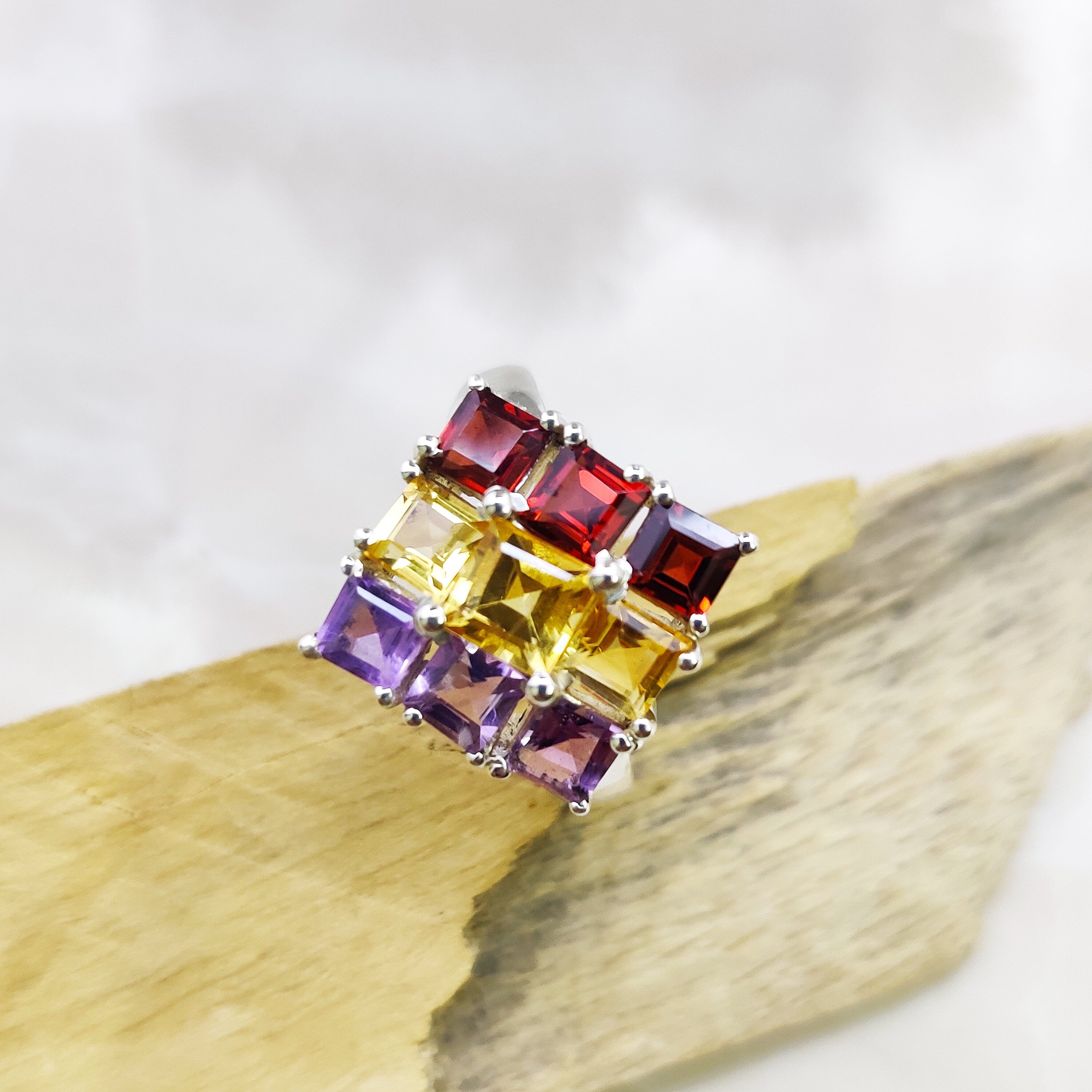 Natural Amethyst Citrin Garnet Square Trio  Ring Sterling Silver Ring Boho Ring
