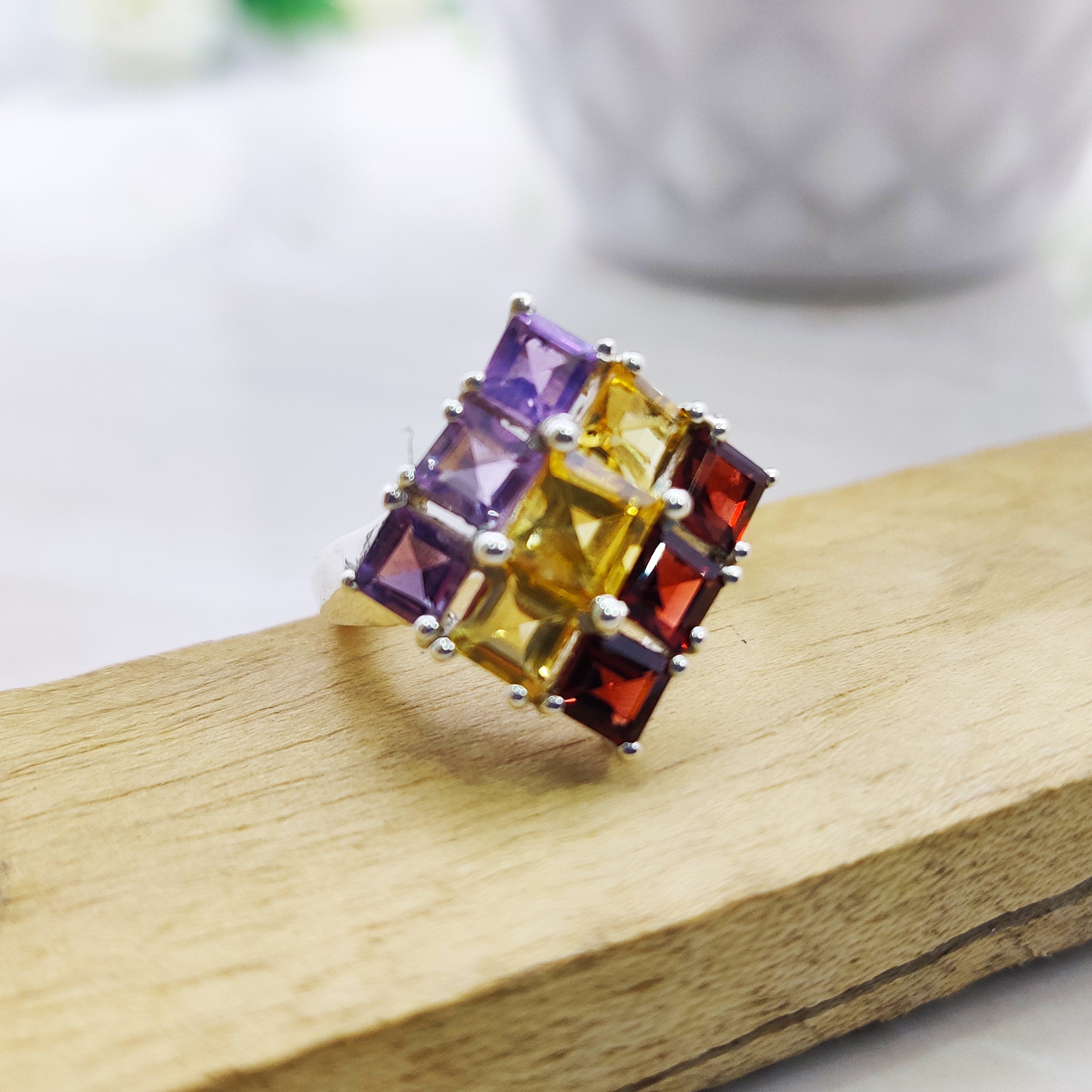 Natural Amethyst Citrin Garnet Square Trio  Ring Sterling Silver Ring Boho Ring
