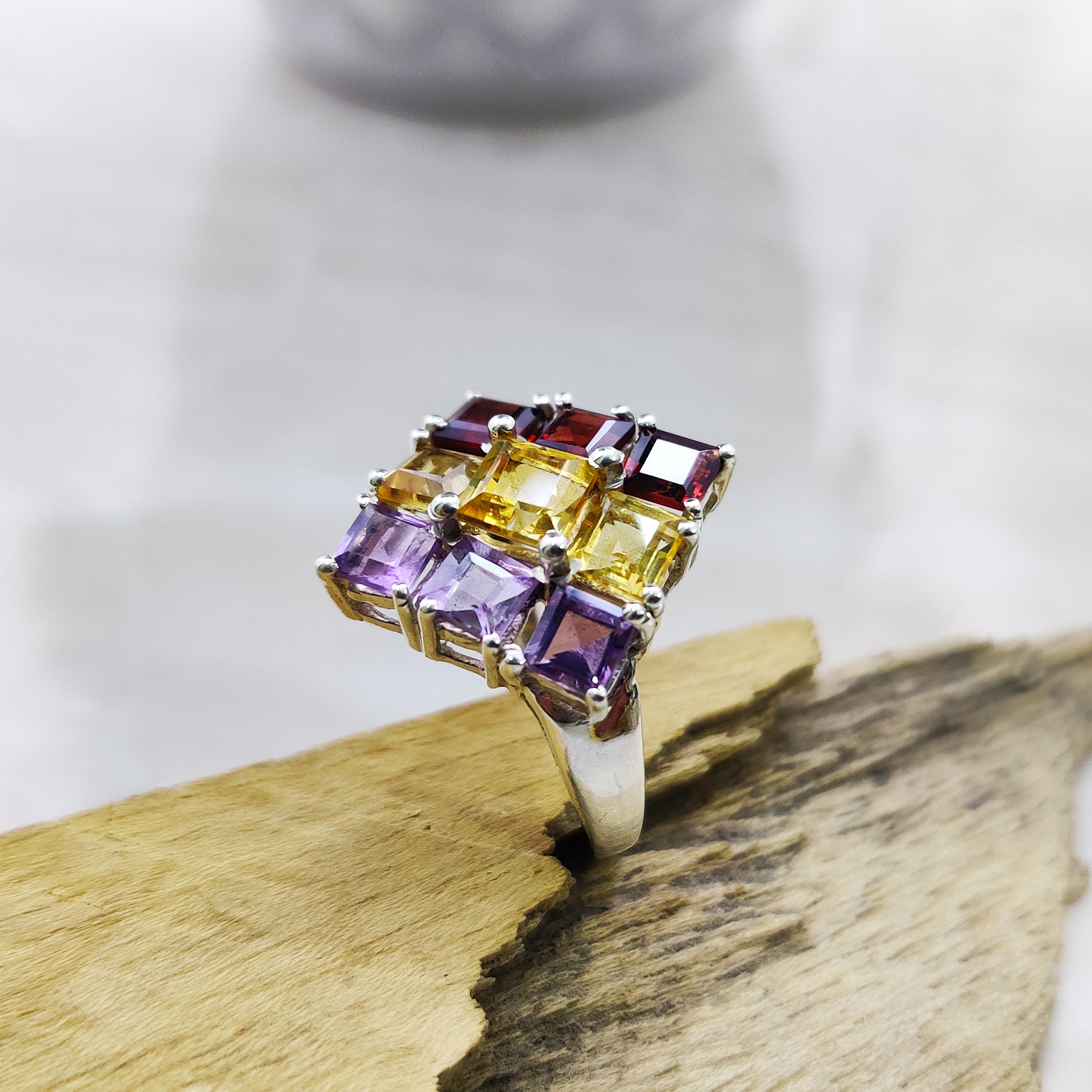 Natural Amethyst Citrin Garnet Square Trio  Ring Sterling Silver Ring Boho Ring