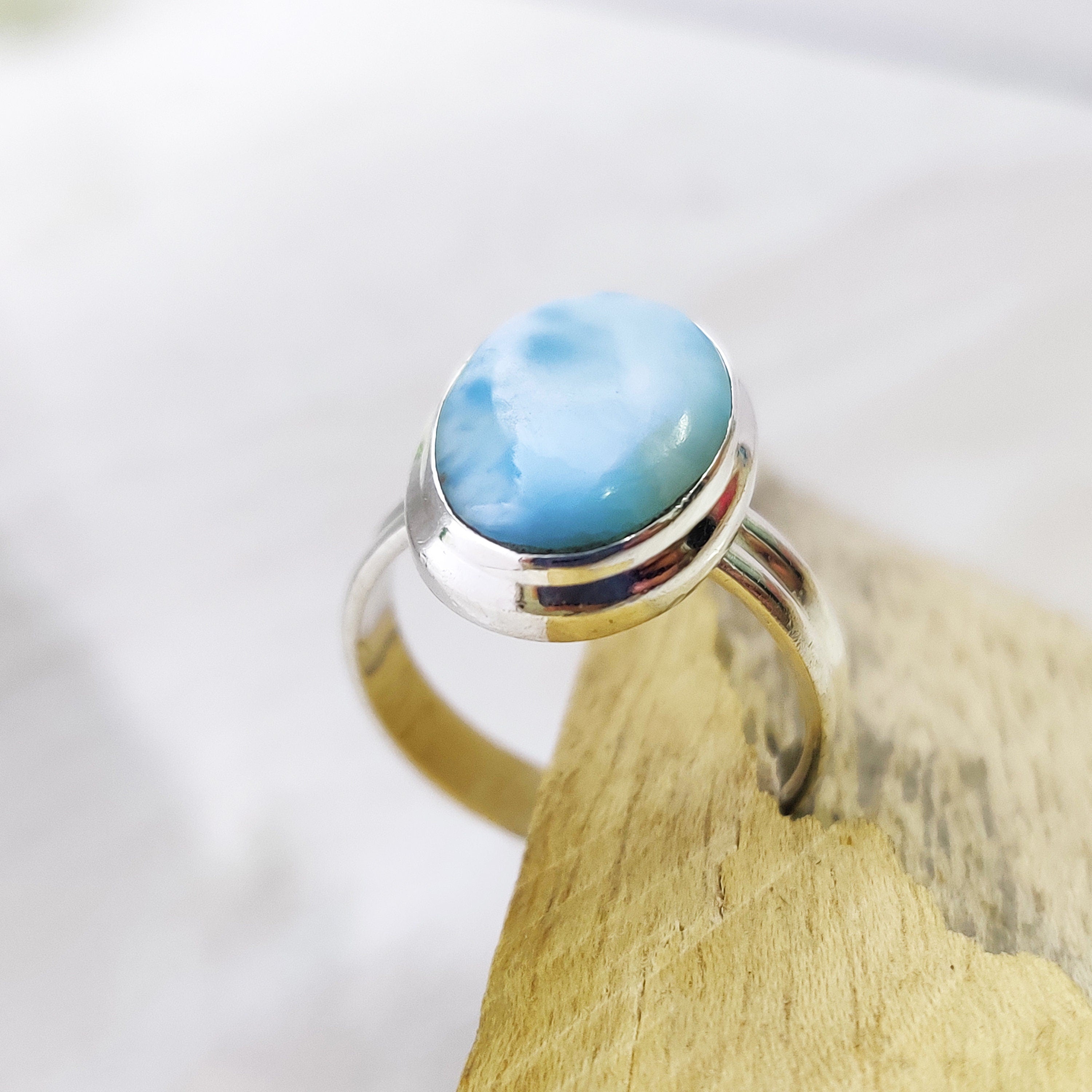 Natural Larimar Oval Small Ring Boho Ring Ring Size 6, 925 Sterling Silver Ring, Oval Cabochon Ring, Blue Stone Ring, Engagement Gift