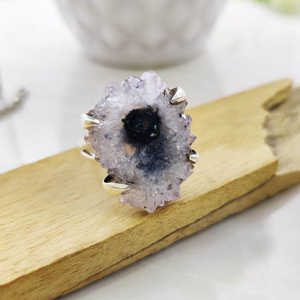 Ring Sterling Silver Boho Natural Amethyst Druzy  Size 5 Ring, Solar Quartz Pendant ,Solar Quartz, 925 Silver Jewelry, female birth day.