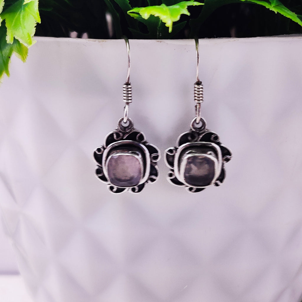 Natural Rose Quartz Square  Sterling Silver Drop Boho  Earrings, Antique Earring Earring,Bride Earrings,Wedding Gift Earring,Girls Gift