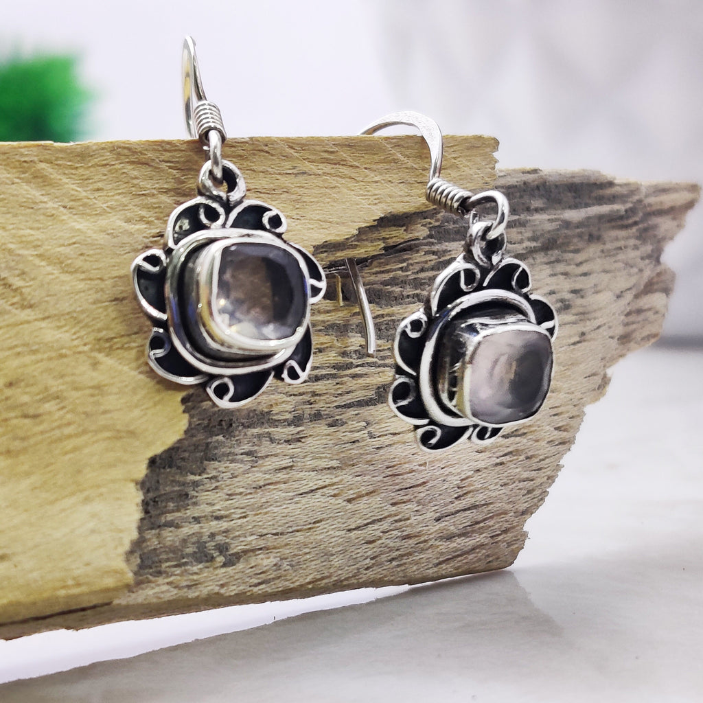 Natural Rose Quartz Square  Sterling Silver Drop Boho  Earrings, Antique Earring Earring,Bride Earrings,Wedding Gift Earring,Girls Gift