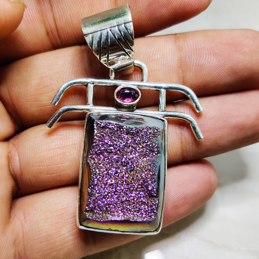Sterling Silver 925 Silver Dyde Druzy Amethyst Boho Pendant Big Size Pendant